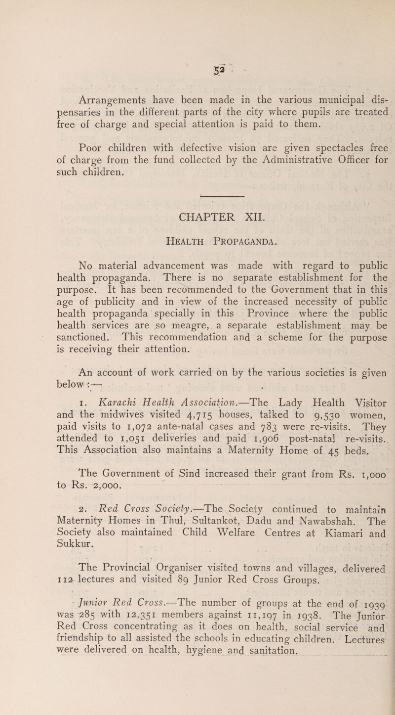 pensaries in the different parts of the city where pupils are treated free of charge and special attention is paid to them. Poor children with defective vision are given spectacles free of charge from the fund collected by the Administrative Officer for such children. CHAPTER XII. Health Propaganda. No material advancement was made with regard to public health propaganda. There is no separate establishment for the purpose. It has been recommended to the Government that in this age of publicity and in view of the increased necessity of public health propaganda specially in this Province where the public health services are so meagre, a separate establishment may be sanctioned. This recommendation and a scheme for the purpose is receiving their attention. An account of work carried on by the various societies is given below:— 1. Karachi Health Association.—The Lady Health Visitor and the midwives visited 4,715 houses, talked to 9,530 women, paid visits to 1,072 ante-natal cases and 783 were re-visits. They attended to 1,051 deliveries and paid 1,906 post-natal re-visits. This Association also maintains a Maternity Home of 45 beds^ The Government of Sind increased their grant from Rs. 1,000 to Rs. 2,000. 2. Red Cross Society.—The Society continued to maintain Maternity Homes in Thul, Sultankot, Dadu and Nawabshah. The Society also maintained Child Welfare Centres at Kiamari and Sukkur. The Provincial Organiser visited towns and villages, delivered 112 lectures and visited 89 Junior Red Cross Groups. Junior Red Cross.—The number of groups at the end of 1939 was 285 with 12,351 members against 11,197 in 1938- The Junior Red Cross concentrating as it does on health, social service and friendship to all assisted the schools in educating children. Lectures were delivered on health, hygiene and sanitation.