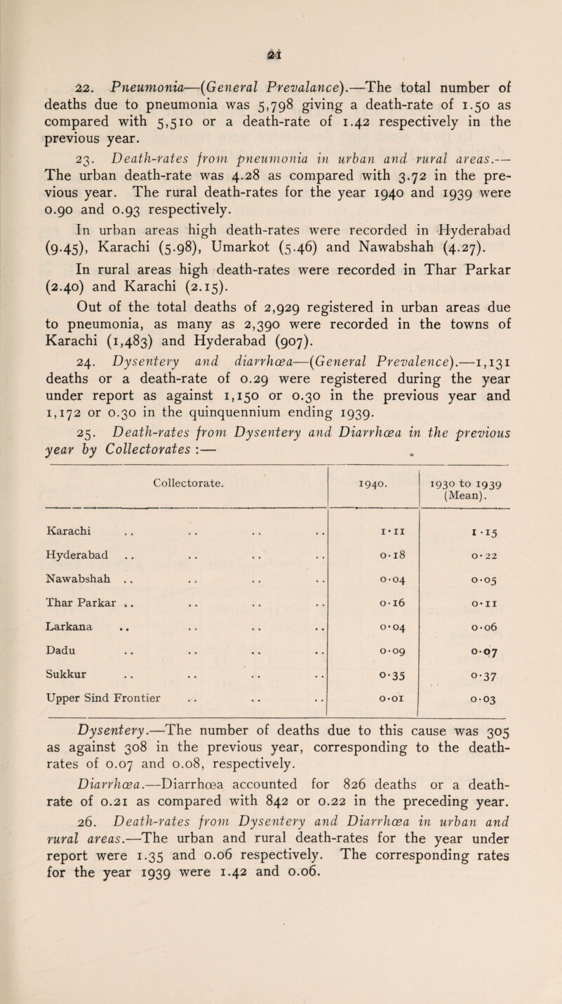 22. Pneumonia—(General Prevalance).—The total number of deaths due to pneumonia was 5,798 giving a death-rate of 1.50 as compared with 5,510 or a death-rate of 1.42 respectively in the previous year. 23. Death-rates from pneumonia in urban and vural areas.— The urban death-rate was 4.28 as compared with 3.72 in the pre¬ vious year. The rural death-rates for the year 1940 and 1939 were 0.90 and 0.93 respectively. In urban areas high death-rates were recorded in Hyderabad (9.45), Karachi (5.98), Umarkot (5.46) and Nawabshah (4.27). In rural areas high death-rates were recorded in Thar Parkar (2.40) and Karachi (2.15). Out of the total deaths of 2,929 registered in urban areas due to pneumonia, as many as 2,390 were recorded in the towns of Karachi (1,483) and Hyderabad (907). 24. Dysentery and diarrhoea—(General Prevalence).—1,131 deaths or a death-rate of 0.29 were registered during the year under report as against 1,150 or 0.30 in the previous year and 1,172 or 0.30 in the quinquennium ending 1939. 25. Death-rates from Dysentery and Diarrhoea in the previous year by Collectorates :— Collectorate. 1940. 1930 to 1939 (Mean). Karachi 1 ‘ii 1 -15 Hyderabad o-18 o- 22 Nawabshah .. 0-04 0-05 Thar Parkar .. o*i6 0*11 Larkana 0*04 o-06 Dadu 0*09 0 6 Sukkur o*35 o-37 Upper Sind Frontier O-OI 0-03 Dysentery.—The number of deaths due to this cause was 305 as against 308 in the previous year, corresponding to the death- rates of 0.07 and 0.08, respectively. Diarrhoea.—Diarrhoea accounted for 826 deaths or a death- rate of 0.21 as compared with 842 or 0.22 in the preceding year. 26. Death-rates from Dysentery and Diarrhoea in urban and rural areas.—The urban and rural death-rates for the year under report were 1.35 and 0.06 respectively. The corresponding rates for the year 1939 were 1.42 and 0.06.