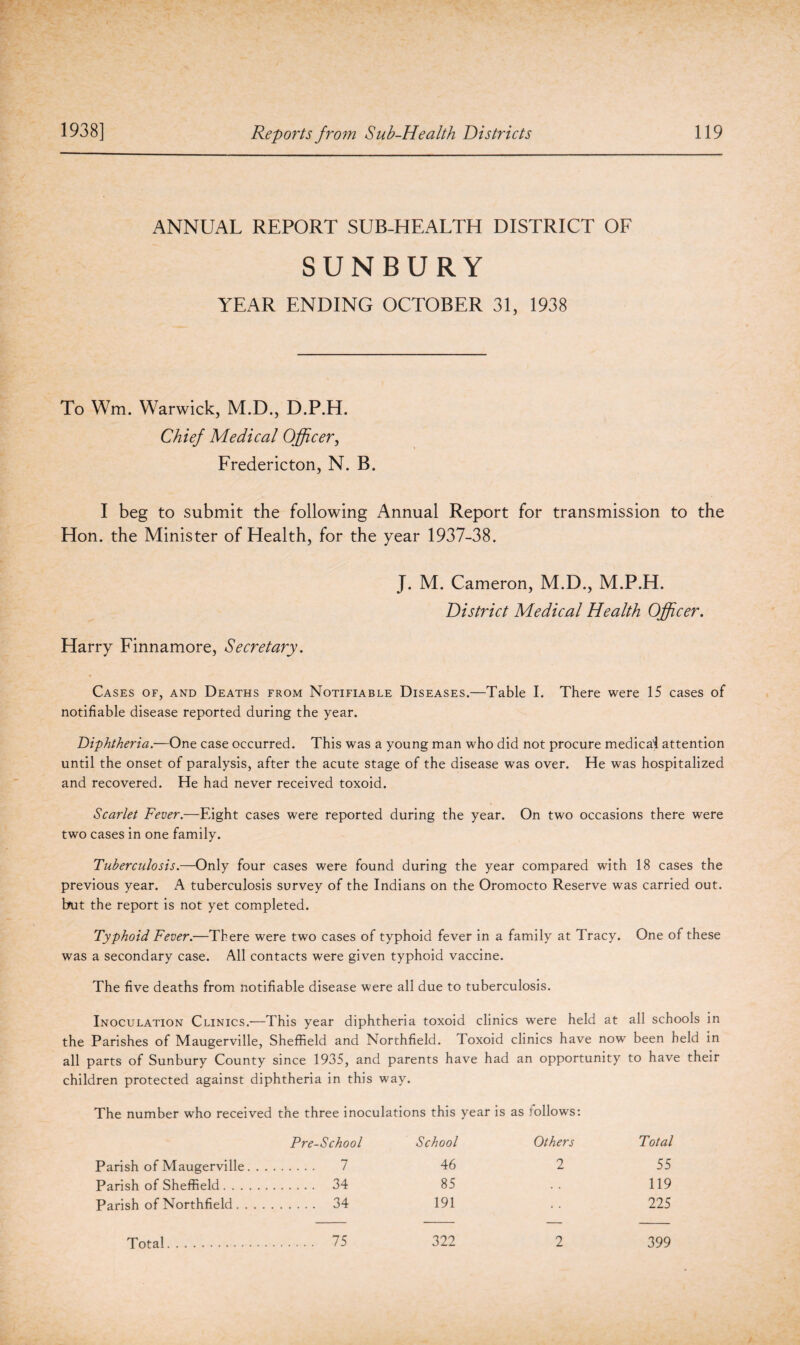 ANNUAL REPORT SUB-HEALTH DISTRICT OF SUNBURY YEAR ENDING OCTOBER 31, 1938 To Wm. Warwick, M.D., D.P.H. Chief Medical Officer, Fredericton, N. B. I beg to submit the following Annual Report for transmission to the Hon. the Minister of Health, for the year 1937-38. J. M. Cameron, M.D., M.P.H. District Medical Health Officer. Harry Finnamore, Secretary. Cases of, and Deaths from Notifiable Diseases.—Table I. There were 15 cases of notifiable disease reported during the year. Diphtheria.—One case occurred. This was a young man who did not procure medical attention until the onset of paralysis, after the acute stage of the disease was over. He was hospitalized and recovered. He had never received toxoid. Scarlet Fever.—Eight cases were reported during the year. On two occasions there were two cases in one family. Tuberculosis.—Only four cases were found during the year compared with 18 cases the previous year. A tuberculosis survey of the Indians on the Oromocto Reserve was carried out. hut the report is not yet completed. Typhoid Fever.—There were two cases of typhoid fever in a family at Tracy. One of these was a secondary case. All contacts were given typhoid vaccine. The five deaths from notifiable disease were all due to tuberculosis. Inoculation Clinics.—This year diphtheria toxoid clinics were held at all schools in the Parishes of Maugerville, Sheffield and Northfield. Toxoid clinics have now been held in all parts of Sunbury County since 1935, and parents have had an opportunity to have their children protected against diphtheria in this way. The number who received the three inoculations this year is as Jollows: Pre-School School Others Total Parish of Maugerville. 7 46 2 55 Parish of Sheffield. 34 85 .. 119 Parish of Northfield. 34 191 .. 225 Total. 75 322 2 399