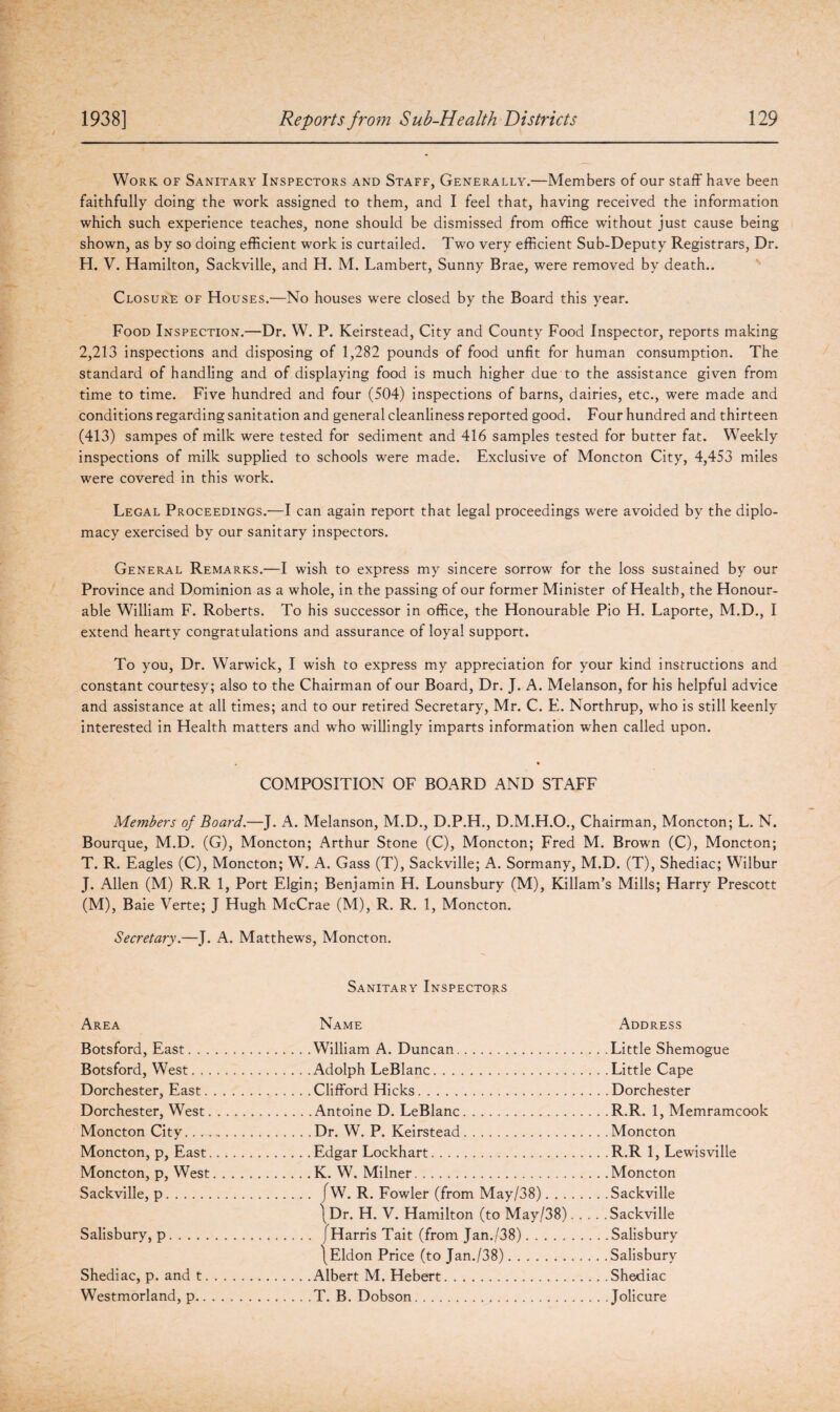 Work, of Sanitary Inspectors and Staff, Generally.—Members of our staff have been faithfully doing the work assigned to them, and I feel that, having received the information which such experience teaches, none should be dismissed from office without just cause being shown, as by so doing efficient work is curtailed. Two very efficient Sub-Deputy Registrars, Dr. H. V. Hamilton, Sackville, and H. M. Lambert, Sunny Brae, were removed by death.. Closure of Houses.—No houses were closed by the Board this year. Food Inspection.—Dr. W. P. Keirstead, City and County Food Inspector, reports making 2,213 inspections and disposing of 1,282 pounds of food unfit for human consumption. The standard of handling and of displaying food is much higher due to the assistance given from time to time. Five hundred and four (504) inspections of barns, dairies, etc., were made and conditions regarding sanitation and general cleanliness reported good. Four hundred and thirteen (413) sampes of milk were tested for sediment and 416 samples tested for butter fat. Weekly inspections of milk supplied to schools were made. Exclusive of Moncton City, 4,453 miles were covered in this work. Legal Proceedings.—I can again report that legal proceedings were avoided by the diplo¬ macy exercised by our sanitary inspectors. General Remarks.—I wish to express my sincere sorrow for the loss sustained by our Province and Dominion as a whole, in the passing of our former Minister of Health, the Honour¬ able William F. Roberts. To his successor in office, the Honourable Pio H. Laporte, M.D., I extend hearty congratulations and assurance of loyal support. To you, Dr. Warwick, I wish to express my appreciation for your kind instructions and constant courtesy; also to the Chairman of our Board, Dr. J. A. Melanson, for his helpful advice and assistance at all times; and to our retired Secretary, Mr. C. E. Northrup, who is still keenly interested in Health matters and who willingly imparts information when called upon. COMPOSITION OF BOARD AND STAFF Members of Board.—J. A. Melanson, M.D., D.P.H., D.M.H.O., Chairman, Moncton; L. N. Bourque, M.D. (G), Moncton; Arthur Stone (C), Moncton; Fred M. Brown (C), Moncton; T. R. Eagles (C), Moncton; W. A. Gass (T), Sackville; A. Sormany, M.D. (T), Shediac; Wilbur J. Allen (M) R.R 1, Port Elgin; Benjamin H. Lounsbury (M), KillanTs Mills; Harry Prescott (M), Bale Verte; J Hugh McCrae (M), R. R. 1, Moncton. Secretary.—J. A. Matthews, Moncton. Sanitary Inspectors Area Name Address Botsford, East. .William A. Duncan. . . . Little Shemogue Botsford, West. .Adolph LeBlanc. . . . Little Cape Dorchester, East. .Clifford Hicks. Dorchester, West. .Antoine D. LeBlanc. . . .R.R. 1, Memramcook Moncton City. .Dr. W. P. Keirstead. . . . Moncton Moncton, p, East. .Edgar Lockhart. . . . R.R 1, Lewisville Moncton, p, West. .K. W. Milner. . . . Moncton Sackville, p. . /W. R. Fowler (from May/38). . . . Sackville \Dr. H. V. Hamilton (to May/38). . . . .Sackville Salisbury, p. . . . Salisburv 4 \ Eldon Price (to Jan./38). . . . Salisbury Shediac, p. and t. . . . Shediac Westmorland, p. . . . Jolicure