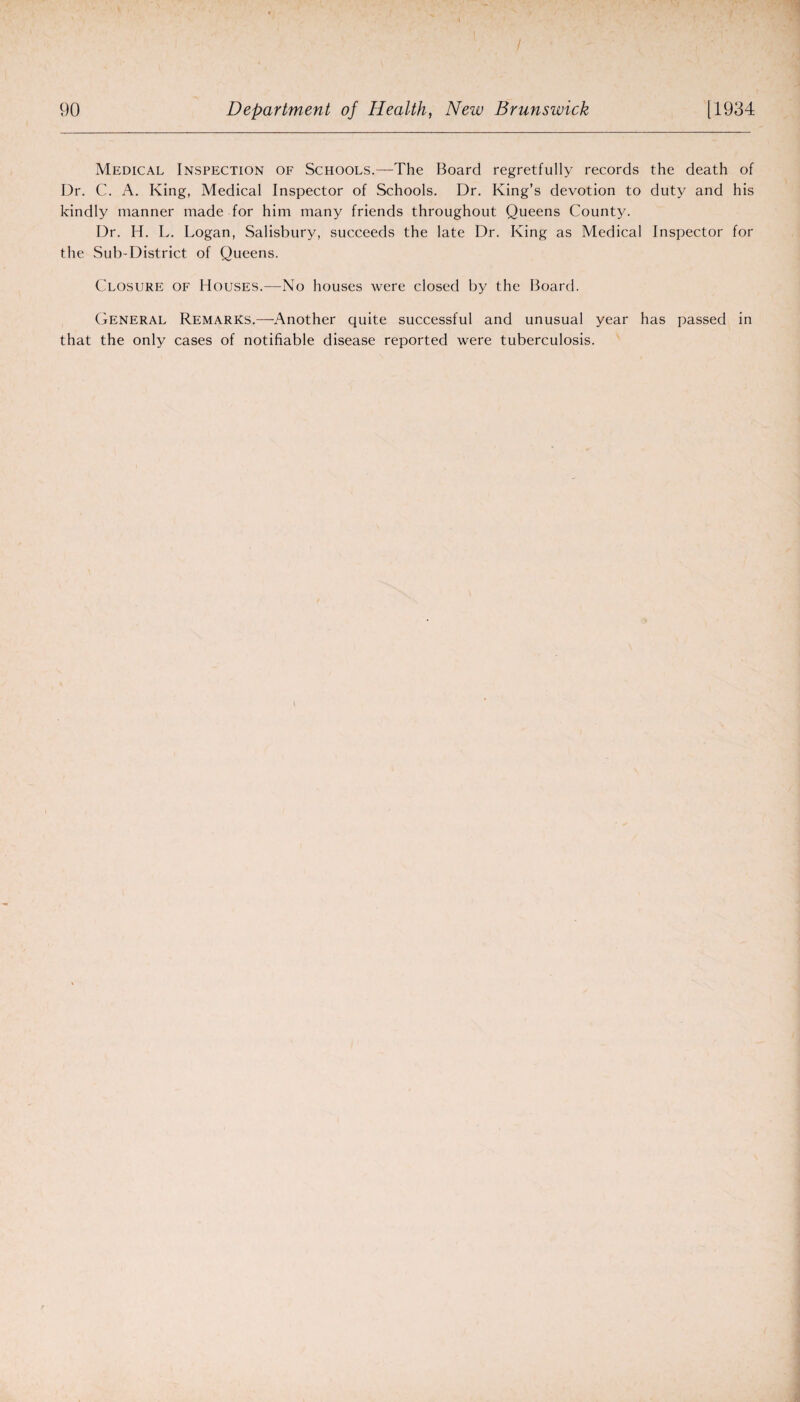 Medical Inspection of Schools.—The Board regretfully records the death of Dr. C. A. King, Medical Inspector of Schools. Dr. King’s devotion to duty and his kindly manner made for him many friends throughout Queens County. Dr. H. L. Logan, Salisbury, succeeds the late Dr. King as Medical Inspector for the Sub-District of Queens. Closure of Houses.—No houses were closed by the Board. General Remarks.—Another quite successful and unusual year has passed in that the only cases of notifiable disease reported were tuberculosis.