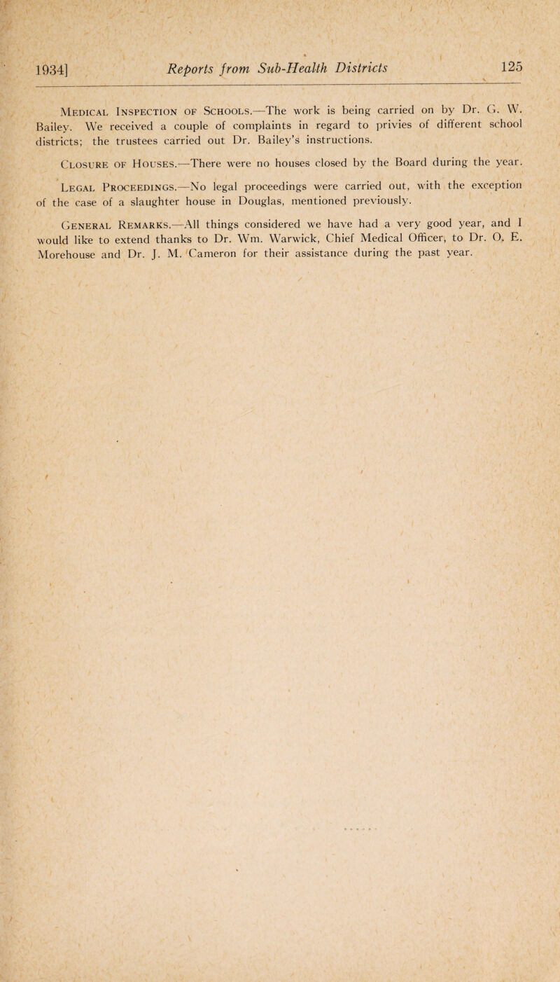 Medical Inspection of Schools.—The work is being carried on by Dr. G. W. Bailey. We received a couple of complaints in regard to privies of different school districts; the trustees carried out Dr. Bailey’s instructions. Closure of Houses.—There were no houses closed by the Board during the year. Legal Proceedings.—No legal proceedings were carried out, with the exception of the case of a slaughter house in Douglas, mentioned previously. General Remarks.—All things considered we have had a very good year, and I would like to extend thanks to Dr. Wm. Warwick, Chief Medical Officer, to Dr. O. E. Morehouse and Dr. J. M. Cameron for their assistance during the past year. / I /