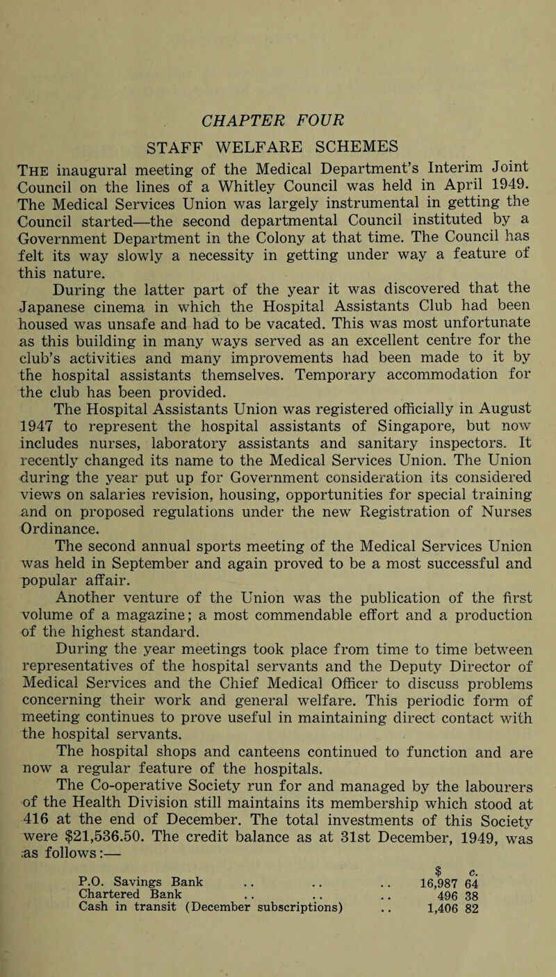 STAFF WELFARE SCHEMES The inaugural meeting of the Medical Department’s Interim Joint Council on the lines of a Whitley Council was held in April 1949. The Medical Services Union was largely instrumental in getting the Council started—the second departmental Council instituted by a Government Department in the Colony at that time. The Council has felt its way slowly a necessity in getting under way a feature of this nature. During the latter part of the year it was discovered that the Japanese cinema in which the Hospital Assistants Club had been housed was unsafe and had to be vacated. This was most unfortunate as this building in many ways served as an excellent centre for the club’s activities and many improvements had been made to it by the hospital assistants themselves. Temporary accommodation for the club has been provided. The Hospital Assistants Union was registered officially in August 1947 to represent the hospital assistants of Singapore, but now includes nurses, laboratory assistants and sanitary inspectors. It recently changed its name to the Medical Services Union. The Union during the year put up for Government consideration its considered views on salaries revision, housing, opportunities for special training and on proposed regulations under the new Registration of Nurses Ordinance. The second annual sports meeting of the Medical Services Union was held in September and again proved to be a most successful and popular affair. Another venture of the Union was the publication of the first volume of a magazine; a most commendable effort and a production of the highest standard. During the year meetings took place from time to time between representatives of the hospital servants and the Deputy Director of Medical Services and the Chief Medical Officer to discuss problems concerning their work and general welfare. This periodic form of meeting continues to prove useful in maintaining direct contact with the hospital servants. The hospital shops and canteens continued to function and are now a regular feature of the hospitals. The Co-operative Society run for and managed by the labourers of the Health Division still maintains its membership which stood at 416 at the end of December. The total investments of this Society were $21,536.50. The credit balance as at 31st December, 1949, was .as follows:— $ c. P.O. Savings Bank . . .. .. 16,987 64 Chartered Bank .. .. .. 496 38 Cash in transit (December subscriptions) .. 1,406 82