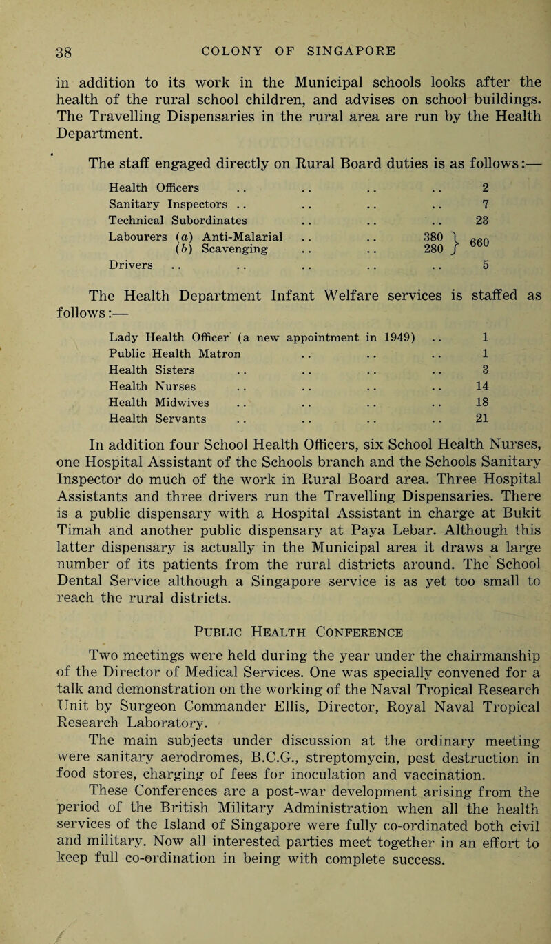 in addition to its work in the Municipal schools looks after the health of the rural school children, and advises on school buildings. The Travelling Dispensaries in the rural area are run by the Health Department. The staff engaged directly on Rural Board duties is as follows:— Health Officers .. .. .. .. 2 Sanitary Inspectors .. .. .. .. 7 Technical Subordinates .. .. .. 23 Labourers (a) Anti-Malarial .. .. 380 \ (b) Scavenging .. .. 280 / Drivers .. .. .. .. .. 5 The Health Department Infant Welfare services is staffed as follows:— Lady Health Officer (a new appointment in 1949) .. 1 Public Health Matron .. .. .. 1 Health Sisters .. .. .. .. 3 Health Nurses .. .. .. .. 14 Health Midwives .. .. .. .. 18 Health Servants .. .. .. .. 21 In addition four School Health Officers, six School Health Nurses, one Hospital Assistant of the Schools branch and the Schools Sanitary Inspector do much of the work in Rural Board area. Three Hospital Assistants and three drivers run the Travelling Dispensaries. There is a public dispensary with a Hospital Assistant in charge at Bukit Timah and another public dispensary at Paya Debar. Although this latter dispensary is actually in the Municipal area it draws a large number of its patients from the rural districts around. The School Dental Service although a Singapore service is as yet too small to reach the rural districts. Public Health Conference Two meetings were held during the year under the chairmanship of the Director of Medical Services. One was specially convened for a talk and demonstration on the working of the Naval Tropical Research Unit by Surgeon Commander Ellis, Director, Royal Naval Tropical Research Laboratory. The main subjects under discussion at the ordinary meeting were sanitary aerodromes, B.C.G., streptomycin, pest destruction in food stores, charging of fees for inoculation and vaccination. These Conferences are a post-war development arising from the period of the British Military Administration when all the health services of the Island of Singapore were fully co-ordinated both civil and military. Now all interested parties meet together in an effort to keep full co-ordination in being with complete success.