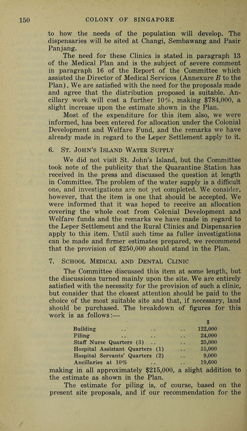 to how the needs of the population will develop. The dispensaries will be sited at Changi, Sembawang and Pasir Panjang. The need for these Clinics is stated in paragraph 13 of the Medical Plan and is the subject of severe comment in paragraph 16 of the Report of the Committee which assisted the Director of Medical Services (Annexure B to the Plan). We are satisfied with the need for the proposals made and agree that the distribution proposed is suitable. An¬ cillary work will cost a further 10%, making $784,000, a slight increase upon the estimate shown in the Plan. Most of the expenditure for this item also, we were informed, has been entered for allocation under the Colonial Development and Welfare Fund, and the remarks we have already made in regard to the Leper Settlement apply to it. 6. St. John’s Island Water Supply We did not visit St. John’s Island, but the Committee took note of the publicity that the Quarantine Station has received in the press and discussed the question at length in Committee. The problem of the water supply is a difficult one, and investigations are not yet completed. We consider, however, that the item is one that should be accepted. We were informed that it was hoped to receive an allocation covering the whole cost from Colonial Development and Welfare funds and the remarks we have made in regard to the Leper Settlement and the Rural Clinics and Dispensaries apply to this item. Until such time as fuller investigations can be made and firmer estimates prepared, we recommend that the provision of $250,000 should stand in the Plan. 7. School Medical and Dental Clinic The Committee discussed this item at some length, but the discussions turned mainly upon the site. We are entirely satisfied with the necessity for the provision of such a clinic, but consider that the closest attention should be paid to the choice of the most suitable site and that, if necessary, land should be purchased. The breakdown of figures for this work is as follows:— $ Building .. .. .. 122,000 Piling .. . . . . 24,000 Staff Nurse Quarters (3) .. .. 25,000 Hospital Assistant Quarters (1) .. 15,000 Hospital Servants’ Quarters (2) .. 9,000 Ancillaries at 10% .. .. 19,600 making in all approximately $215,000, a slight addition to the estimate as shown in the Plan. The estimate for piling is, of course, based on the present site proposals, and if our recommendation for the