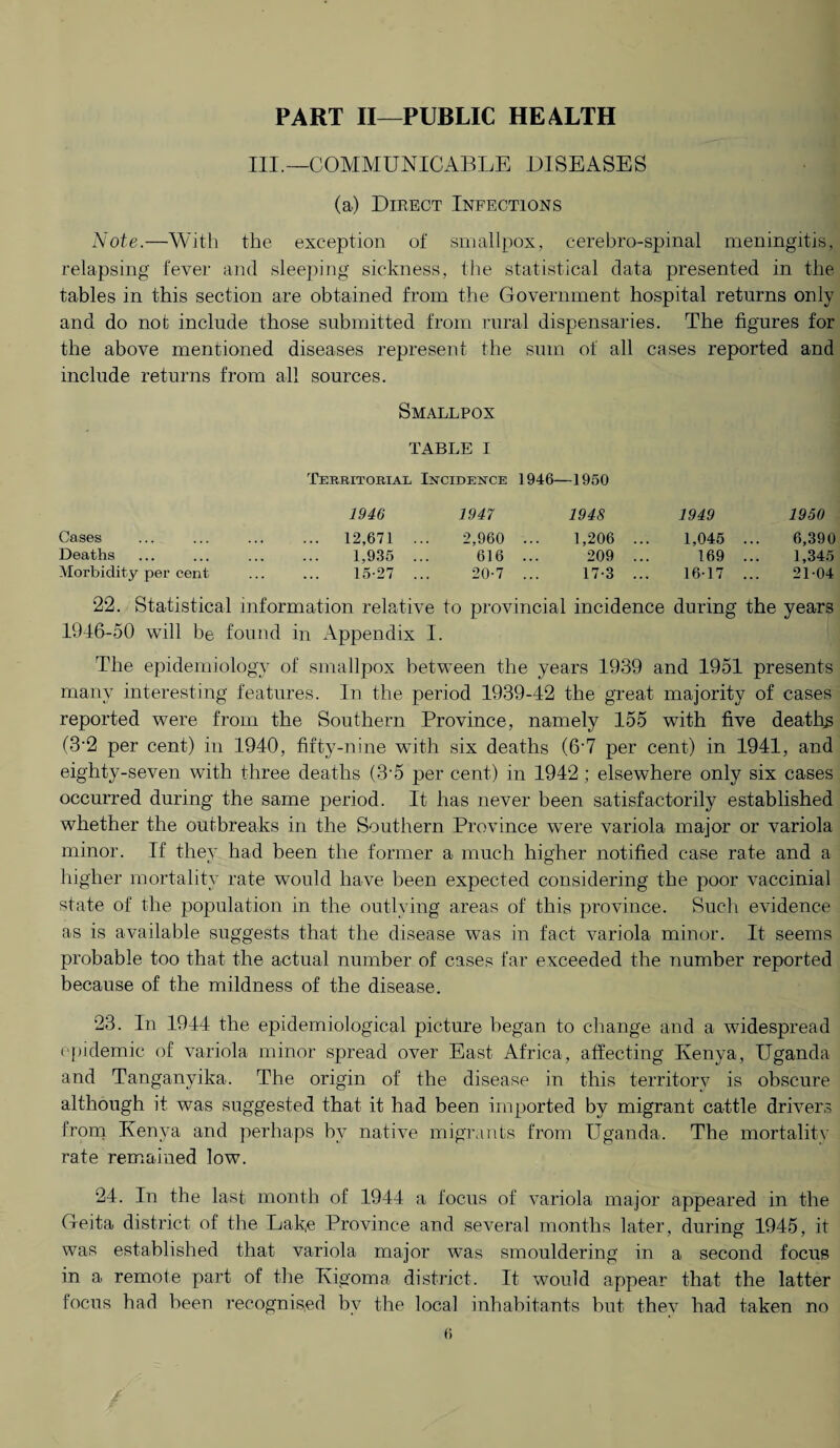 PART II—PUBLIC HEALTH III.—COMMUNICABLE DISEASES (a) Direct Infections Note.—With the exception of smallpox, cerebro-spinal meningitis, relapsing fever and sleeping sickness, the statistical data presented in the tables in this section are obtained from the Government hospital returns only and do not include those submitted from rural dispensaries. The figures for the above mentioned diseases represent the sum of all cases reported and include returns from all sources. Smallpox TABLE I Territorial Incidence 1946—1950 1946 1947 1948 1949 1950 Cases ... 12,671 .. 2,960 .. 1,206 ... 1,045 .. 6,390 Deaths 1,935 .. 616 ... 209 ... 169 ... 1,345 Morbidity per cent 15-27 .. 20-7 ... 17-3 ... 16-17 .. 21-04 22. Statistical information relative to provincial incidence during the years 1916-50 will be found in Appendix I. The epidemiology of smallpox between the years 1939 and 1951 presents many interesting features. In the period 1939-42 the great majority of cases reported were from the Southern Province, namely 155 with five deaths (3*2 per cent) in 1940, fifty-nine with six deaths (6*7 per cent) in 1941, and eighty-seven with three deaths (3*5 per cent) in 1942 ; elsewhere only six cases occurred during the same period. It has never been satisfactorily established whether the outbreaks in the Southern Province were variola, major or variola minor. If they had been the former a much higher notified case rate and a higher mortality rate would have been expected considering the poor vaccinia! state of the population in the outlying areas of this province. Such evidence as is available suggests that the disease was in fact variola minor. It seems probable too that the actual number of cases far exceeded the number reported because of the mildness of the disease. 23. In 1944 the epidemiological picture began to change and a widespread epidemic of variola minor spread over East Africa, affecting Kenya, Uganda and Tanganyika. The origin of the disease in this territory is obscure although it was suggested that it had been imported by migrant cattle drivers from. Kenya and perhaps by native migrants from Uganda. The mortality rate remained low. 24. In the last month of 1941 a focus of variola major appeared in the Geita district of the Lake Province and several months later, during 1945, it was established that variola major was smouldering in a second focus in a remote part of the Kigoma district. It would appear that the latter focus had been recognised by the local inhabitants but they had taken no o