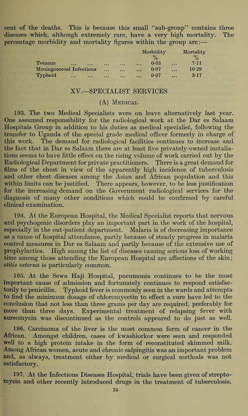 cent of the deaths. This is because this small “sub-group” contains three diseases which, although extremely rare, have a very high mortality. The percentage morbidity and mortality figures within the group are:— Morbidity Mortality o/ o/ /o /o Tetanus . 0-05 ... 7-11 Meningococcal Infections ... ... ... 007 ... 10-29 Typhoid . 007 ... 3-17 XV.—SPECIALIST SERVICES (A) Medical 193. The two Medical Specialists were on leave alternatively last year. One assumed responsibility for the radiological work at the Dar es Salaam Hospitals Group in addition to his duties as medical specialist, following the transfer to Uganda of the special grade medical officer formerly in charge of this work. The demand for radiological facilities continues to increase and the fact that in Dar es Salaam there are at least five privately-owned installa¬ tions seems to have little effect on the rising volume of work carried out by the Radiological Department for private practitioners. There is a great demand for films of the chest in view of the apparently high incidence of tuberculosis and other chest diseases among the Asian and African population and this within limits can be justified. There appears, however, to be less justification for the increasing demand on the Government radiological services for the diagnosis of many other conditions which could be confirmed by careful clinical examination. 194. At the European Hospital, the Medical Specialist reports that nervous and psychogenic disorders play an important part in the work of the hospital, especially in the out-patient department. Malaria is of decreasing importance as a cause of hospital attendance, partly because of steady progress in malaria control measures in Dar es Salaam and partly because of the extensive use of prophylactics. High among the list of diseases causing serious loss of working time among those attending the European Hospital are affections of the skin; otitis externa is particularly common. 195. At the Sewa Haji Hospital, pneumonia continues to be the most important cause of admission and fortunately continues to respond satisfac¬ torily to penicillin. Typhoid fever is commonly seen in the wards and attempts to find the minimum dosage of Chloromycetin to effect a cure have led to the conclusion that not less than three grams per day are required, preferably for more than three days. Experimental treatment of relapsing fever with aureomycin was discontinued as the controls appeared to do just as well. 196. Carcinoma of the liver is the most common form of cancer in the African. Amongst children, cases of kwashiorkor were seen and responded well to a high protein intake in the form of reconstituted skimmed milk. Among African women, acute and chronic salpingitis was an important problem and, as always, treatment either by medical or surgical methods was not satisfactory. 197. At the Infectious Diseases Hospital, trials have been given of strepto¬ mycin and other recently introduced drugs in the treatment of tuberculosis.