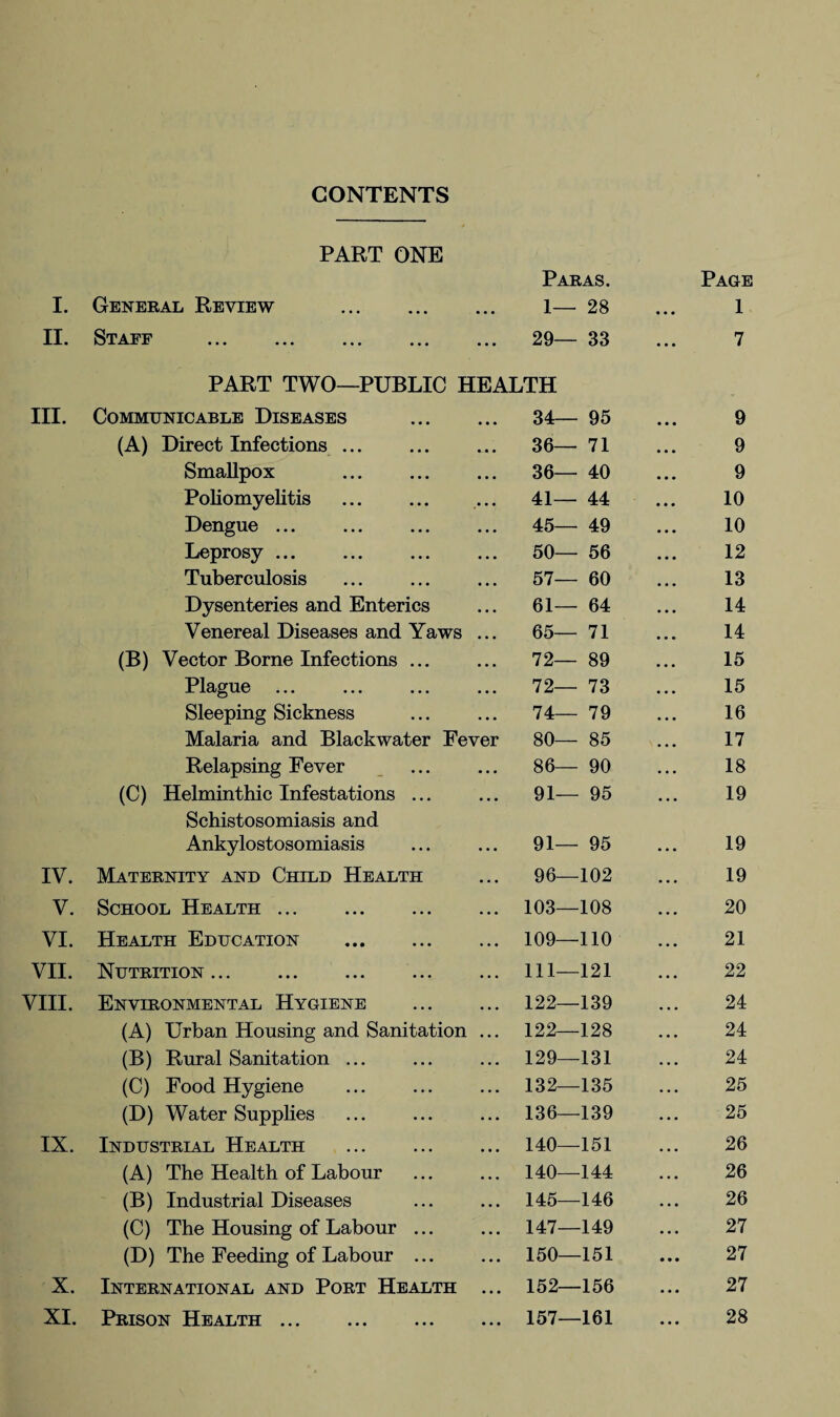 CONTENTS PART ONE I. General Review . • • • Paras. 1— 28 Page 1 II. Staff • • • 29— 33 ... 7 III. PART TWO—PUBLIC HEALTH Communicable Diseases . 34— 95 • « . 9 (A) Direct Infections ... 36— 71 ... 9 Smallpox • • • 36— 40 • • • 9 Poliomyelitis 41— 44 • • • 10 Dengue ... • . . 45— 49 • • . 10 Leprosy ... •. • 50— 56 . . • 12 Tuberculosis • • • 57— 60 • • • 13 Dysenteries and Enterics • • • 61— 64 • • • 14 Venereal Diseases and Yaws • • • 65— 71 • • • 14 (B) Vector Borne Infections ... • • • 72— 89 • • • 15 Plague ... ... 72— 73 • • • 15 Sleeping Sickness • • • 74— 79 • . • 16 Malaria and Blackwater Fever 80— 85 • • • 17 Relapsing Fever • • • 86— 90 • • . 18 (C) Helminthic Infestations ... 91— 95 • • • 19 Schistosomiasis and Ankylostosomiasis 91— 95 19 IV. Maternity and Child Health 96—102 • • . 19 V. School Health. 103—108 • • • 20 VI. Health Education . 109—110 • • • 21 VII. Nutrition. . . . 111—121 . . • 22 VIII. Environmental Hygiene • • • 122—139 • • • 24 (A) Urban Housing and Sanitation 122—128 • • • 24 (B) Rural Sanitation ... 129—131 . . . 24 (C) Food Hygiene • • • 132—135 • . • 25 (D) Water Supplies • • • 136—139 ... 25 IX. Industrial Health ... 140—151 • • • 26 (A) The Health of Labour • • • 140—144 • • • 26 (B) Industrial Diseases • • • 145—146 • . • 26 (C) The Housing of Labour ... • • • 147—149 ... 27 (D) The Feeding of Labour ... ••• 150—151 • • • 27 X. International and Port Health • • • 152—156 ... 27 XI. Prison Health. • • • 157—161 • a • 28