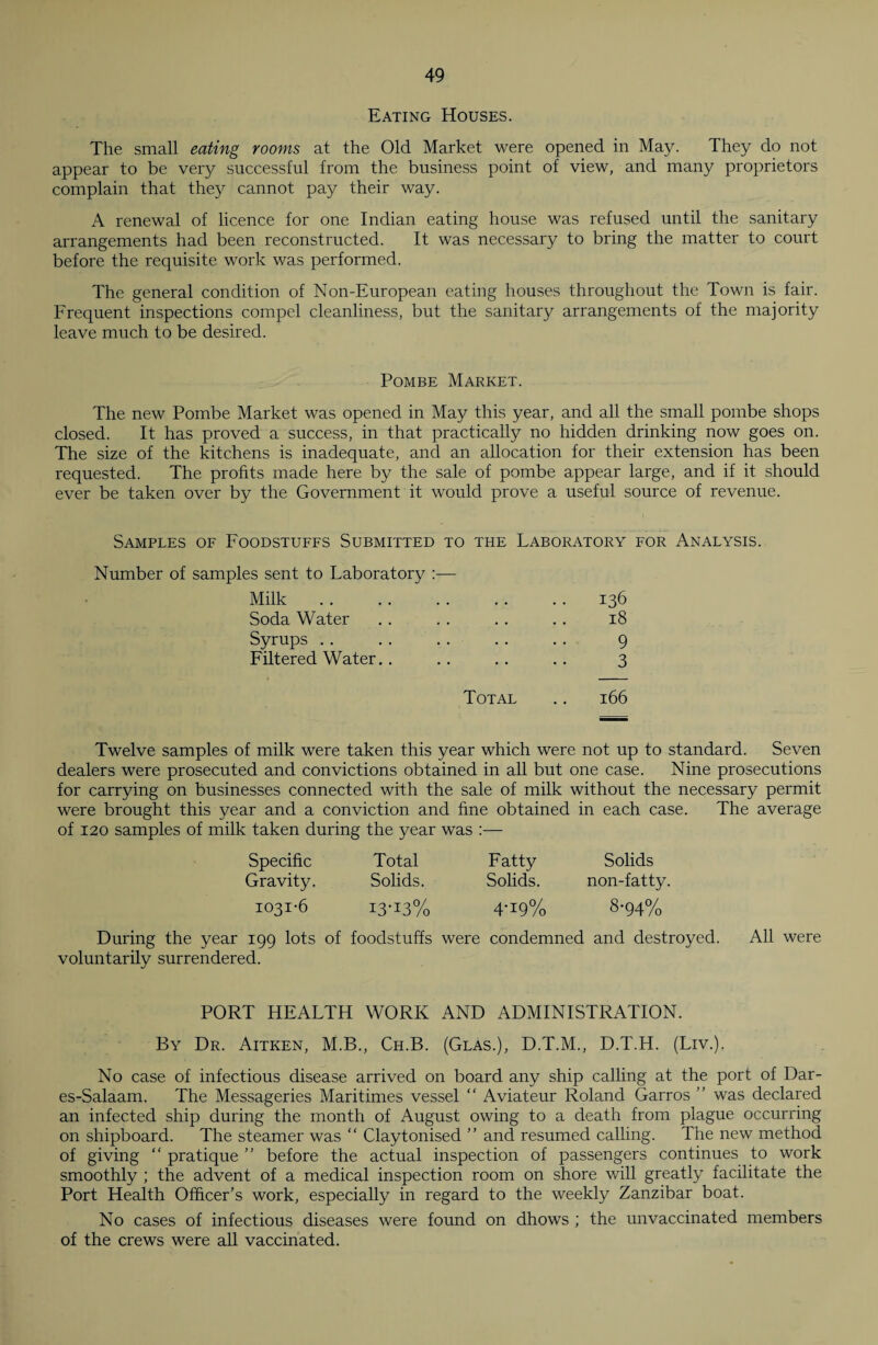 Eating Houses. The small eating rooms at the Old Market were opened in May. They do not appear to be very successful from the business point of view, and many proprietors complain that they cannot pay their way. A renewal of licence for one Indian eating house was refused until the sanitary arrangements had been reconstructed. It was necessary to bring the matter to court before the requisite work was performed. The general condition of Non-European eating houses throughout the Town is fair. Frequent inspections compel cleanliness, but the sanitary arrangements of the majority leave much to be desired. Pombe Market. The new Pombe Market was opened in May this year, and all the small pombe shops closed. It has proved a success, in that practically no hidden drinking now goes on. The size of the kitchens is inadequate, and an allocation for their extension has been requested. The profits made here by the sale of pombe appear large, and if it should ever be taken over by the Government it would prove a useful source of revenue. Samples of Foodstuffs Submitted to the Laboratory for Analysis. Number of samples sent to Laboratory :— Milk . Soda Water Syrups Filtered Water.. Total .. 166 Twelve samples of milk were taken this year which were not up to standard. Seven dealers were prosecuted and convictions obtained in all but one case. Nine prosecutions for carrying on businesses connected with the sale of milk without the necessary permit were brought this year and a conviction and fine obtained in each case. The average of 120 samples of milk taken during the year was :— Specific Total Fatty Solids Gravity. Solids. Solids. non-fatty. 1031-6 13*13% 4-19% 8-94% During the year 199 lots of foodstuffs were condemned and destroyed. All were voluntarily surrendered. PORT HEALTH WORK AND ADMINISTRATION. By Dr. Aitken, M.B., Ch.B. (Glas.), D.T.M., D.T.H. (Liv.). No case of infectious disease arrived on board any ship calling at the port of Dar- es-Salaam. The Messageries Maritimes vessel “ Aviateur Roland Garros ” was declared an infected ship during the month of August owing to a death from plague occurring on shipboard. The steamer was “ Claytonised ” and resumed calling. The new method of giving “ pratique ” before the actual inspection of passengers continues to work smoothly ; the advent of a medical inspection room on shore will greatly facilitate the Port Health Officer’s work, especially in regard to the weekly Zanzibar boat. No cases of infectious diseases were found on dhows ; the unvaccinated members of the crews were all vaccinated.