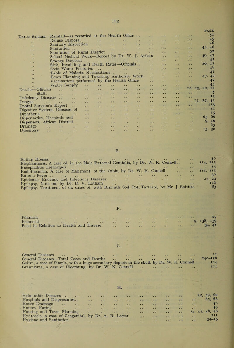 Dar-es-Salaam—Rainfall—as recorded at the Health Office . . „ Refuse Disposal .. ,, Sanitary Inspection ,, Sanitation Sanitation of Rural District ” School Medical Work—Report by Dr. W. J. Aitken ,, Sewage Disposal Sick, Invaliding and Death Rates—Officials.. Soda Water Factories Table of Malaria Notifications.. ” Town Planning and Township Authority Work Vaccinations performed by the Health Office ,, Water Supply Deaths—Officials ,, Staff.. Deficiency Diseases Dengue Dental Surgeon’s Report Digestive System, Diseases of Diphtheria Dispensaries, Hospitals and Dispensers, African District Drainage Dysentery PAGE 51 45 46 45. 46 52 46, 47 45 .. 20, 21 48 41 47- 48 42 45 18, 19, 20, 21 7 13 .. 15, 27, 42 133 11 15 65, 66 9. 10 63 15. 30 E. Eating Houses Elephantiasis, A case of, in the Male External Genitalia, by Dr. W. K. Connell. . Encephalitis Lethargica Endothelioma, A case of Malignant, of the Orbit, by Dr. W. K. Connell Enteric Fever .. Epidemic, Endemic and Infectious Diseases . . . . . . .. Epilepsy, Note on, by Dr. D. V. Latham Epilepsy, Treatment of six cases of, with Bismuth Sod. Pot. Tartrate, by Mr. J. Spittles 114 hi. 49 115 15 112 30 27, 29 116 83 F. Filariasis Financial Food in Relation to Health and Disease 27 9, 138, 139 34. 48 G. General Diseases .. .. .. .. .. . . .. • • • • • • • • 11 General Diseases—Total Cases and Deaths .. .. .. .. • • • • • • 140-150 Goitre, a case of Simple, with a huge secondary deposit in the skull, by Dr. W. K. Connell 114 Granuloma, a case of Ulcerating, by Dr. W. K. Connell .. .. .. .. •• i12 H. Helminthic Diseases .. . . .. . . .. . . .. • • • • • • 32, 59. 60 Hospitals and Dispensaries.. .. .. .. .. .. .. .. •• •• 65, 66 House Drainage . . . . . . .. . . . . .. . . • • • • • • 46 Houses, Eating .. .. . . .. . . .. .. . . .. • • • • 49 Housing and Town Planning .. .. .. . . . . .. . . • • 34. 47. 48. 56 Hydrocele, a case of Congenital, by Dr. A. R. Lester .. .. .. .. •• m Hygiene and Sanitation .. .. . . .. .. .. .. .. • • • • 25~3^