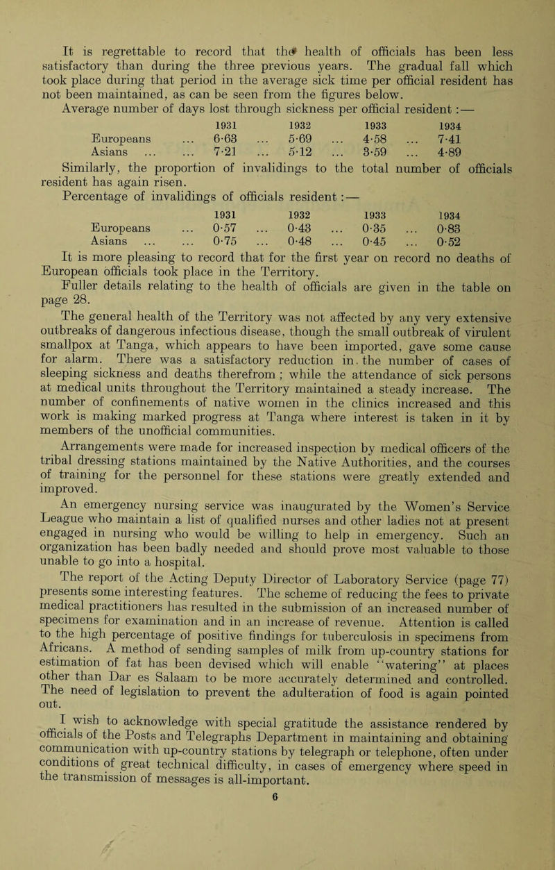 It is regrettable to record that th# health of officials has been less satisfactory than during the three previous years. The gradual fall which took place during that period in the average sick time per official resident has not been maintained, as can be seen from the figures below. Average number of days lost through sickness per official resident : — 1931 1932 1933 1934 Europeans ... 6-63 .. .. 5-69 ., .. 4-58 .. .. 7-41 Asians ... 7-21 .. 5-12 ., .. 3-59 .. .. 4-89 Similarly, the proportion of invalidings to the total number of officials resident has again risen. Percentage of invalidings of officials resident : — 1931 1932 1933 1934 Europeans ... 0-57 .. .. 0-43 ., .. 0-35 .. .. 0-83 Asians ... 0-75 ., .. 0-48 ., .. 0-45 . .. 0-52 It is more pleasing to record that for the first year on record no deaths of European officials took place in the Territory. Fuller details relating to the health of officials are given in the table on page 28. The general health of the Territory was not affected by any very extensive outbreaks of dangerous infectious disease, though the small outbreak of virulent smallpox at Tanga, which appears to have been imported, gave some cause for alarm. There was a satisfactory reduction in. the number of cases of sleeping sickness and deaths therefrom ; while the attendance of sick persons at medical units throughout the Territory maintained a steady increase. The number of confinements of native women in the clinics increased and this work is making marked progress at Tanga where interest is taken in it by members of the unofficial communities. Arrangements were made for increased inspection by medical officers of the tribal dressing stations maintained by the Native Authorities, and the courses of training for the personnel for these stations were greatly extended and improved. An emergency nursing service was inaugurated by the Women’s Service League who maintain a list of qualified nurses and other ladies not at present engaged in nursing who would be willing to help in emergency. Such an organization has been badly needed and should prove most valuable to those unable to go into a hospital. The report of the Acting Deputy Director of Laboratory Service (page 77) presents some interesting features. The scheme of reducing the fees to private medical practitioners has resulted in the submission of an increased number of specimens for examination and in an increase of revenue. Attention is called to the high percentage of positive findings for tuberculosis in specimens from Africans. A method of sending samples of milk from up-country stations for estimation of fat has been devised which will enable “watering” at places other than Dar es Salaam to be more accurately determined and controlled. The need of legislation to prevent the adulteration of food is again pointed out. I wish to acknowledge with special gratitude the assistance rendered by officials of the Posts and Telegraphs Department in maintaining and obtaining communication with up-country stations by telegraph or telephone, often under conditions of great technical difficulty, in cases of emergency where speed in the transmission of messages is all-important.