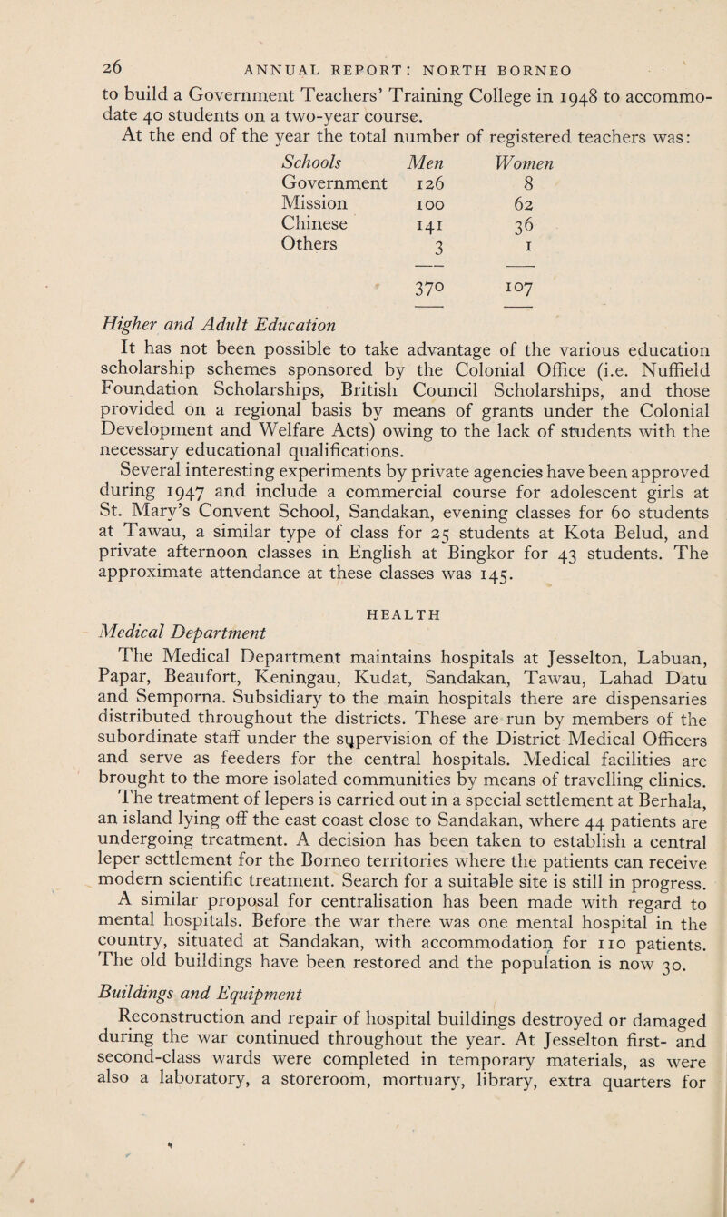 to build a Government Teachers’ Training College in 1948 to accommo¬ date 40 students on a two-year course. At the end of the year the total number of registered teachers was: Schools Men Women Government 126 8 Mission 100 62 Chinese I4I 36 Others 3 1 37° 107 Higher and Adult Education It has not been possible to take advantage of the various education scholarship schemes sponsored by the Colonial Office (i.e. Nuffield Foundation Scholarships, British Council Scholarships, and those provided on a regional basis by means of grants under the Colonial Development and Welfare Acts) owing to the lack of students with the necessary educational qualifications. Several interesting experiments by private agencies have been approved during 1947 an-d include a commercial course for adolescent girls at St. Mary’s Convent School, Sandakan, evening classes for 60 students at Tawau, a similar type of class for 25 students at Kota Belud, and private afternoon classes in English at Bingkor for 43 students. The approximate attendance at these classes was 145. HEALTH Medical Department The Medical Department maintains hospitals at Jesselton, Labuan, Papar, Beaufort, Keningau, Kudat, Sandakan, Tawau, Lahad Datu and Semporna. Subsidiary to the main hospitals there are dispensaries distributed throughout the districts. These are run by members of the subordinate staff under the supervision of the District Medical Officers and serve as feeders for the central hospitals. Medical facilities are brought to the more isolated communities by means of travelling clinics. The treatment of lepers is carried out in a special settlement at Berhala, an island lying off the east coast close to Sandakan, where 44 patients are undergoing treatment. A decision has been taken to establish a central leper settlement for the Borneo territories where the patients can receive modern scientific treatment. Search for a suitable site is still in progress. A similar proposal for centralisation has been made with regard to mental hospitals. Before the war there was one mental hospital in the country, situated at Sandakan, with accommodation for no patients. The old buildings have been restored and the population is now 30. Buildings and Equipment Reconstruction and repair of hospital buildings destroyed or damaged during the war continued throughout the year. At Jesselton first- and second-class wards were completed in temporary materials, as were also a laboratory, a storeroom, mortuary, library, extra quarters for