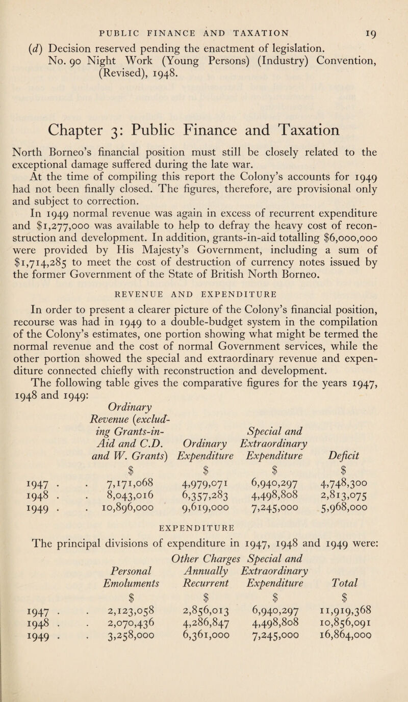 (d) Decision reserved pending the enactment of legislation. No. 90 Night Work (Young Persons) (Industry) Convention, (Revised), 1948. Chapter 3: Public Finance and Taxation North Borneo’s financial position must still be closely related to the exceptional damage suffered during the late war. At the time of compiling this report the Colony’s accounts for 1949 had not been finally closed. The figures, therefore, are provisional only and subject to correction. In 1949 normal revenue was again in excess of recurrent expenditure and $1,277,000 was available to help to defray the heavy cost of recon¬ struction and development. In addition, grants-in-aid totalling $6,000,000 were provided by His Majesty’s Government, including a sum of $1,714,285 to meet the cost of destruction of currency notes issued by the former Government of the State of British North Borneo. REVENUE AND EXPENDITURE In order to present a clearer picture of the Colony’s financial position, recourse was had in 1949 to a double-budget system in the compilation of the Colony’s estimates, one portion showing what might be termed the normal revenue and the cost of normal Government services, while the other portion showed the special and extraordinary revenue and expen¬ diture connected chiefly with reconstruction and development. The following table gives the comparative figures for the years 1947, 1948 and 1949: Ordinary Revenue {exclud¬ ing Grants-in- Special and Aid and C.D. Ordinary Extraordinary and W. Grants) Expenditure Expenditure Deficit *947 1948 1949 <it sP vP 7,171,068 4,979,071 8,043,016 6,357,283 10,896,000 9,619,000 dt fit dP dP 6,940,297 4,748,300 4,498,808 2,813,075 7,245,000 5,968,000 EXPENDITURE The principal divisions of expenditure in 1947, 1948 and 1949 were: Other Charges Special and Personal Annually Extraordinary Emoluments Recurrent Expenditure Total !947 1948 *949 $ 2,123,058 2,070,436 3,258,000 dt dt dP dP 2,856,013 6,940,297 4,286,847 4,498,808 6,36l,000 7,245,000 $ ii,9i9,368 10,856,091 16,864,000