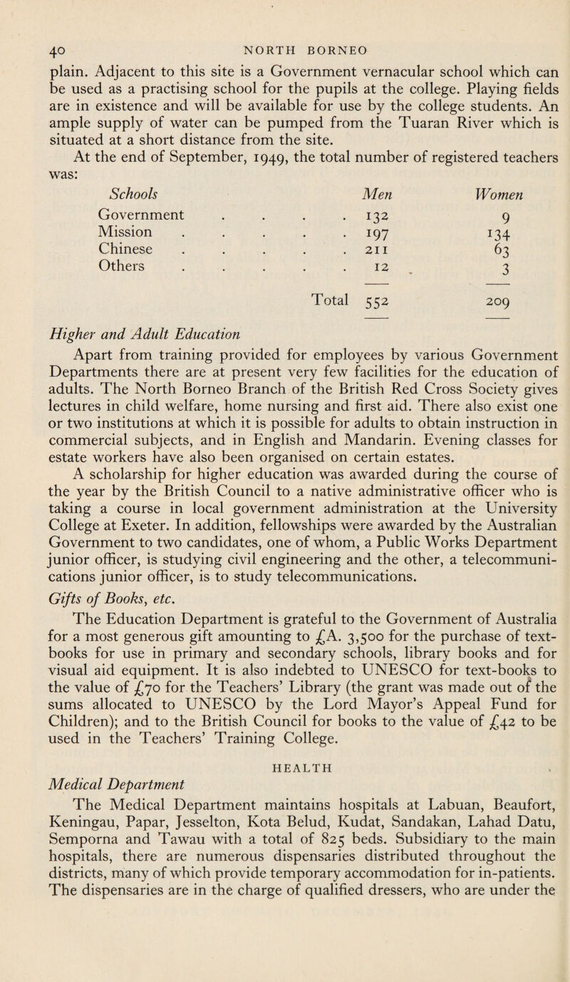 plain. Adjacent to this site is a Government vernacular school which can be used as a practising school for the pupils at the college. Playing fields are in existence and will be available for use b}f the college students. An ample supply of water can be pumped from the Tuaran River which is situated at a short distance from the site. At the end of September, 1949, the total number of registered teachers was: Schools Government Mission Chinese Others Men Women 132 9 197 U4 211 63 12 3 Total 552 209 Higher and Adult Education Apart from training provided for employees by various Government Departments there are at present very few facilities for the education of adults. The North Borneo Branch of the British Red Cross Society gives lectures in child welfare, home nursing and first aid. There also exist one or two institutions at which it is possible for adults to obtain instruction in commercial subjects, and in English and Mandarin. Evening classes for estate workers have also been organised on certain estates. A scholarship for higher education was awarded during the course of the year by the British Council to a native administrative officer who is taking a course in local government administration at the University College at Exeter. In addition, fellowships were awarded by the Australian Government to two candidates, one of whom, a Public Works Department junior officer, is studying civil engineering and the other, a telecommuni¬ cations junior officer, is to study telecommunications. Gifts of Books, etc. The Education Department is grateful to the Government of Australia for a most generous gift amounting to £A. 3,500 for the purchase of text¬ books for use in primary and secondary schools, library books and for visual aid equipment. It is also indebted to UNESCO for text-books to the value of £70 for the Teachers’ Library (the grant was made out of the sums allocated to UNESCO by the Lord Mayor’s Appeal Fund for Children); and to the British Council for books to the value of £42 to be used in the Teachers’ Training College. HEALTH Medical Department The Medical Department maintains hospitals at Labuan, Beaufort, Keningau, Papar, Jesselton, Kota Belud, Kudat, Sandakan, Lahad Datu, Semporna and Tawau with a total of 825 beds. Subsidiary to the main hospitals, there are numerous dispensaries distributed throughout the districts, many of which provide temporary accommodation for in-patients. The dispensaries are in the charge of qualified dressers, who are under the