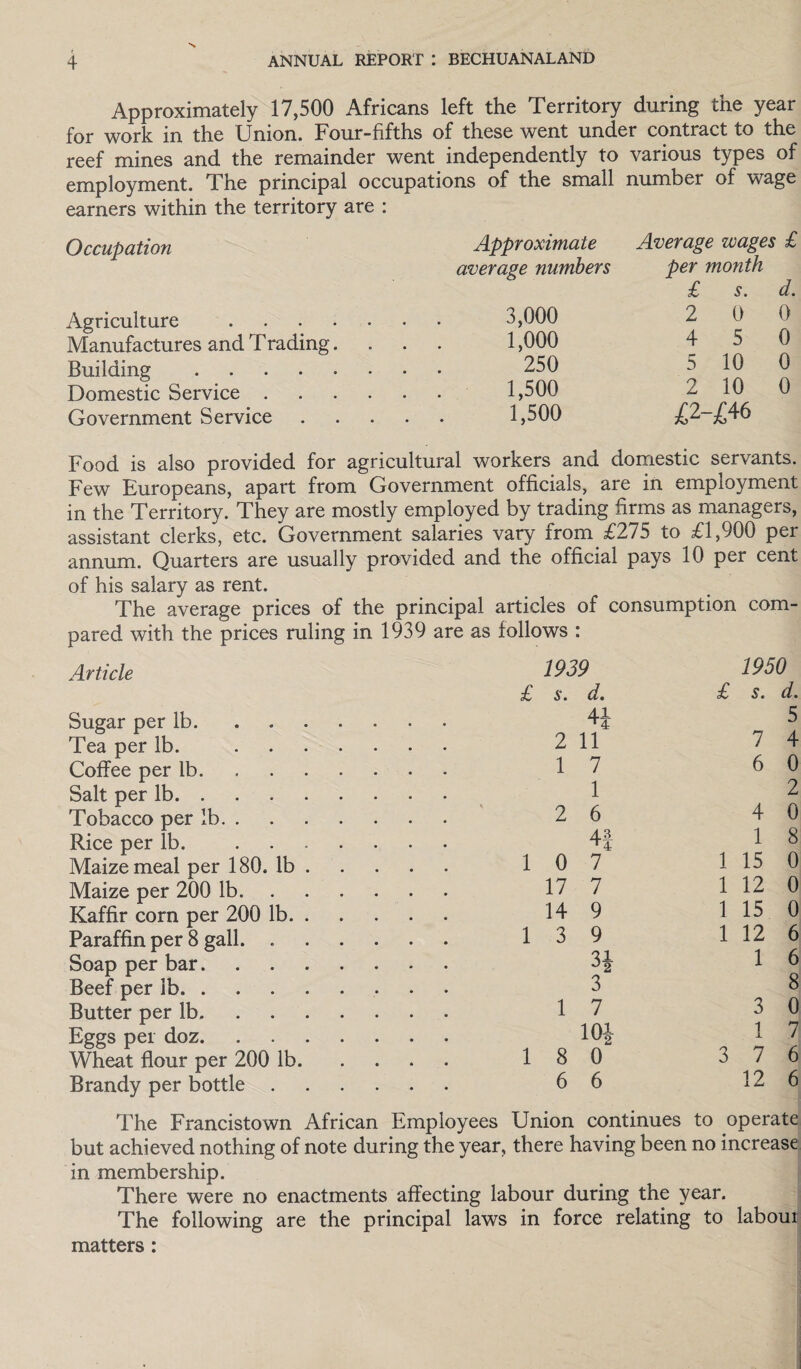 Approximately 17,500 Africans left the Territory during the year for work in the Union. Four-fifths of these went under contract to the reef mines and the remainder went independently to various types of employment. The principal occupations of the small number of wage earners within the territory are : Occupation Agriculture . . . . Manufactures and T rading. Building. Domestic Service . Government Service Approximate Average wages £ average numbers per month d. £ s. 3,000 2 0 0 1,000 4 5 0 250 5 10 0 1,500 2 10 0 1,500 ^2-£46 Food is also provided for agricultural workers and domestic servants. Few Europeans, apart from Government officials, are in employment in the Territory. They are mostly employed by trading firms as managers, assistant clerks, etc. Government salaries vary from £275 to £1,900 per annum. Quarters are usually provided and the official pays 10 per cent of his salary as rent. The average prices of the principal articles of consumption com¬ pared with the prices ruling in 1939 are as follows : Article Sugar per lb. Tea per lb. Coffee per lb. Salt per lb. . Tobacco per lb. . Rice per lb. Maize meal per 180. lb Maize per 200 lb. . Kaffir corn per 200 lb. Paraffin per 8 gall. . Soap per bar. Beef per lb. . Butter per lb. Eggs per doz. Wheat flour per 200 lb. Brandy per bottle . 1939 1950 £ jr. d. £ 5. d. 4i 5 2 11 7 4 1 7 6 0 1 2 2 6 4 0 4| 1 8 1 0 7 1 15 0 17 7 1 12 0 14 9 1 15 0 1 3 9 1 12 6 1 6 3 8 1 7 3 0 10| 1 7 1 8 0 3 7 6 6 6 12 6 The Francistown African Employees Union continues to operate but achieved nothing of note during the year, there having been no increase in membership. There were no enactments affecting labour during the year. The following are the principal laws in force relating to labour matters: