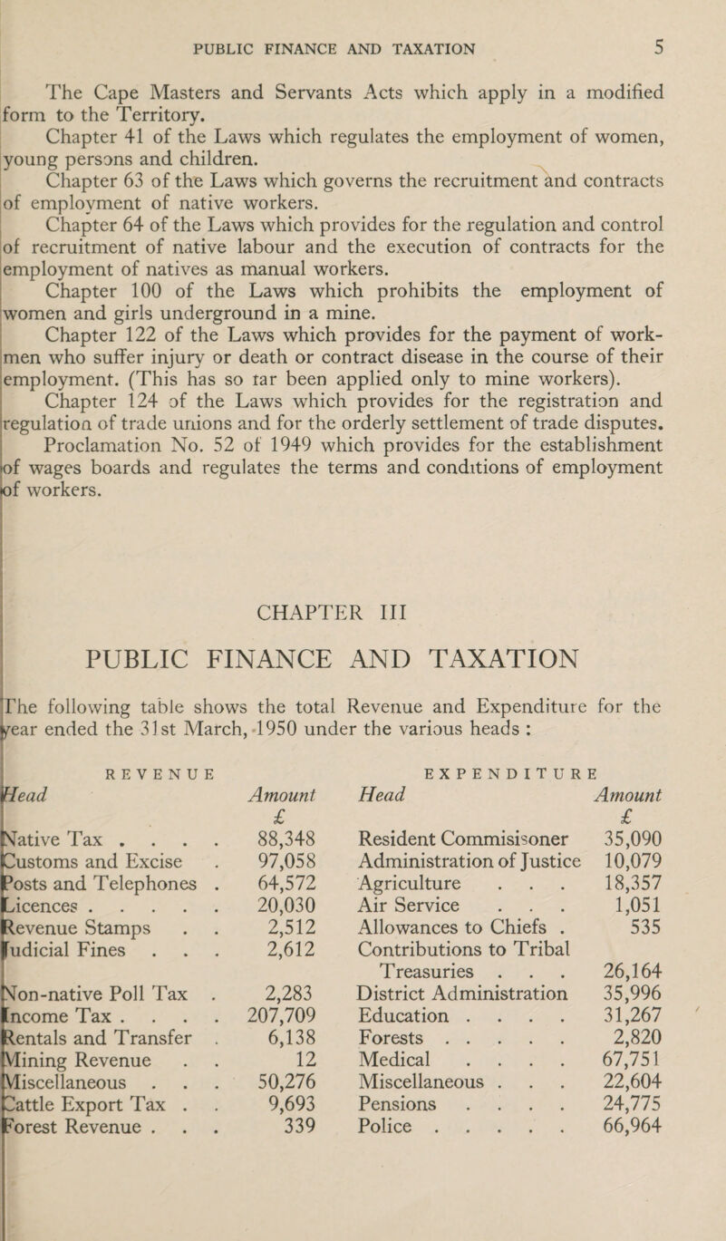 The Cape Masters and Servants Acts which apply in a modified form to the Territory. Chapter 41 of the Laws which regulates the employment of women, young persons and children. Chapter 63 of the Laws which governs the recruitment and contracts of employment of native workers. Chapter 64 of the Laws which provides for the regulation and control of recruitment of native labour and the execution of contracts for the employment of natives as manual workers. Chapter 100 of the Laws which prohibits the employment of :women and girls underground in a mine. Chapter 122 of the Laws which provides for the payment of work- imen who suffer injury or death or contract disease in the course of their iemployment. (This has so tar been applied only to mine workers), i Chapter 124 of the Laws which provides for the registration and Regulation of trade unions and for the orderly settlement of trade disputes. I Proclamation No. 52 of 1949 which provides for the establishment iof wages boards and regulates the terms and conditions of employment of workers. I CHAPTER III PUBLIC FINANCE AND TAXATION The following table shows the total Revenue and Expenditure for the fear ended the 31st March, *1950 under the various heads : REVENUE EXPENDITURE Head Amount Head Amount £ £ Mative Tax .... 88,348 Resident Commisisoner 35,090 Customs and Excise 97,058 Administration of Justice 10,079 Posts and Telephones . 64,572 Agriculture 18,357 Licences. 20,030 Air Service 1,051 Revenue Stamps 2,512 Allowances to Chiefs . 535 ludicial Fines 2,612 Contributions to Tribal Treasuries 26,164 Mon-native Poll Tax . 2,283 District Administration 35,996 Income Tax . 207,709 Education .... 31,267 ilentals and Transfer . 6,138 Forests. 2,820 Mining Revenue 12 Medical .... 67,751 Miscellaneous 50,276 Miscellaneous . 22,604 2attle Export Tax . 9,693 Pensions .... 24,775 mrest Revenue . 339 Police. 66,964