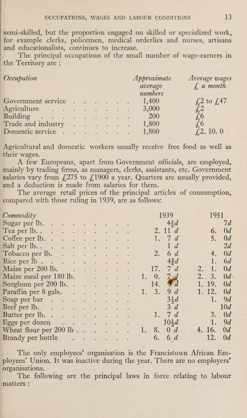 semi-skilled, but the proportion engaged on skilled or specialized work, for example clerks, policemen, medical orderlies and nurses, artisans and educationalists, continues to increase. The principal occupations of the small number of wage-earners in the Territory are : Occupation Approximate Average wages average £ a month numbers Government sendee . . 1,400 £2 to £47 Agriculture .3,000 £2 Building .... . 200 £6 Trade and industry .1,800 £6 Domestic service . . 1,800 £2. 10. 0 Agricultural and domestic workers usually receive free food as well as their wages. A few Europeans, apart from Government officials, are employed, mainly by trading firms, as managers, clerks, assistants, etc. Government salaries vary from £275 to £1900 a year. Quarters are usually provided, and a deduction is made from salaries for them. The average retail prices of the principal articles of consumption, compared with those ruling in 1939, are as follows: Commodity 1939 • 1951 Sugar per lb. 4 Id Id Tea per lb. 2. 11 d 6. 0 d Coffee per lb. 1. 7 d 5. 0 d Salt per lb. 1 d 2d Tobacco per lb. 2. 6 d 4. 0 d Rice per lb. 4 id 1. 6 d Maize per 200 lb. ... 17. 7 d 2. 1. 0 d Maize meal per 180 lb. 1. 0. 7jA 2. 3. 0 d Sorghum per 200 lb. . 14. Wd 1. 19. 0 d Paraffin per 8 gals. 1. 3. 9 d 1. 12. 0 d Soap per bar. 34 d 1. 9 d Beef per lb. 3 d 10 d Butter per lb. 1. 1 d 3. 0 d Eggs per dozen .... 10 id 1. 9 d Wheat flour per 200 lb . . 1. 8. 0 d 4. 16. 0 d Brandy per bottle 6. 6 d 12. 0 d The only employees’ organisation is the Francistown African Em- ployees’ Union. It was inactive during the year. There are no employers* organisations. The following are the principal laws in force relating to labour matters :