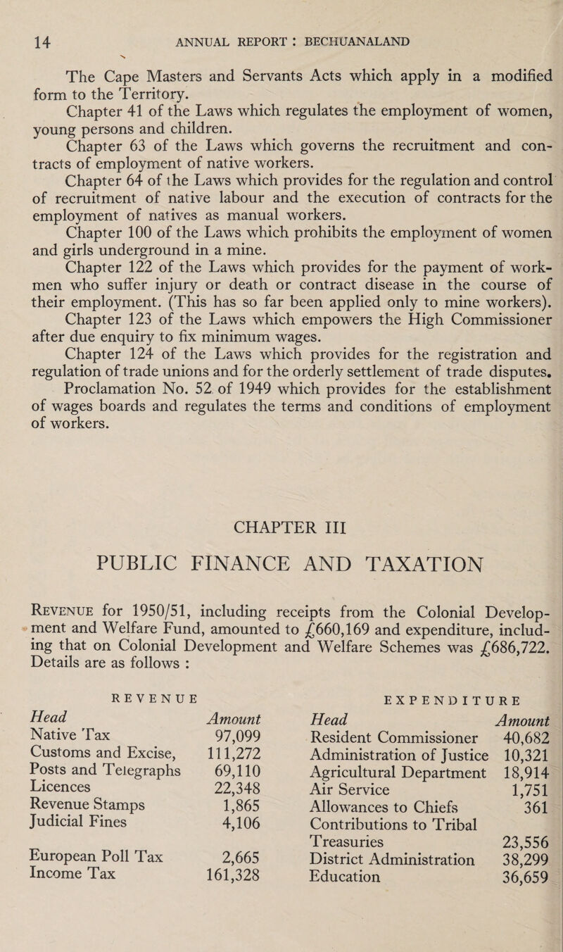 The Cape Masters and Servants Acts which apply in a modified form to the Territory. Chapter 41 of the Laws which regulates the employment of women, young persons and children. Chapter 63 of the Laws which governs the recruitment and con¬ tracts of employment of native workers. Chapter 64 of the Laws which provides for the regulation and control of recruitment of native labour and the execution of contracts for the employment of natives as manual workers. Chapter 100 of the Laws which prohibits the employment of women and girls underground in a mine. Chapter 122 of the Laws which provides for the payment of work¬ men who suffer injury or death or contract disease in the course of their employment. (This has so far been applied only to mine workers). Chapter 123 of the Laws which empowers the High Commissioner after due enquiry to fix minimum wages. Chapter 124 of the Laws which provides for the registration and regulation of trade unions and for the orderly settlement of trade disputes. Proclamation No. 52 of 1949 which provides for the establishment of wages boards and regulates the terms and conditions of employment of workers. CHAPTER III PUBLIC FINANCE AND TAXATION Revenue for 1950/51, including receipts from the Colonial Develop¬ ment and Welfare Fund, amounted to £660,169 and expenditure, includ¬ ing that on Colonial Development and Welfare Schemes was £686,722. Details are as follows : REVENUE Head Amount Native Tax 97,099 Customs and Excise, 111,272 Posts and Telegraphs 69,110 Licences 22,348 Revenue Stamps 1,865 Judicial Fines 4,106 European Poll Tax 2,665 Income Tax 161,328 EXPENDITURE Head Amount Resident Commissioner 40,682 Administration of justice 10,321 Agricultural Department 18,914 Air Service 1,751 Allowances to Chiefs 361 Contributions to Tribal Treasuries 23,556 District Administration 38,299 Education 36,659