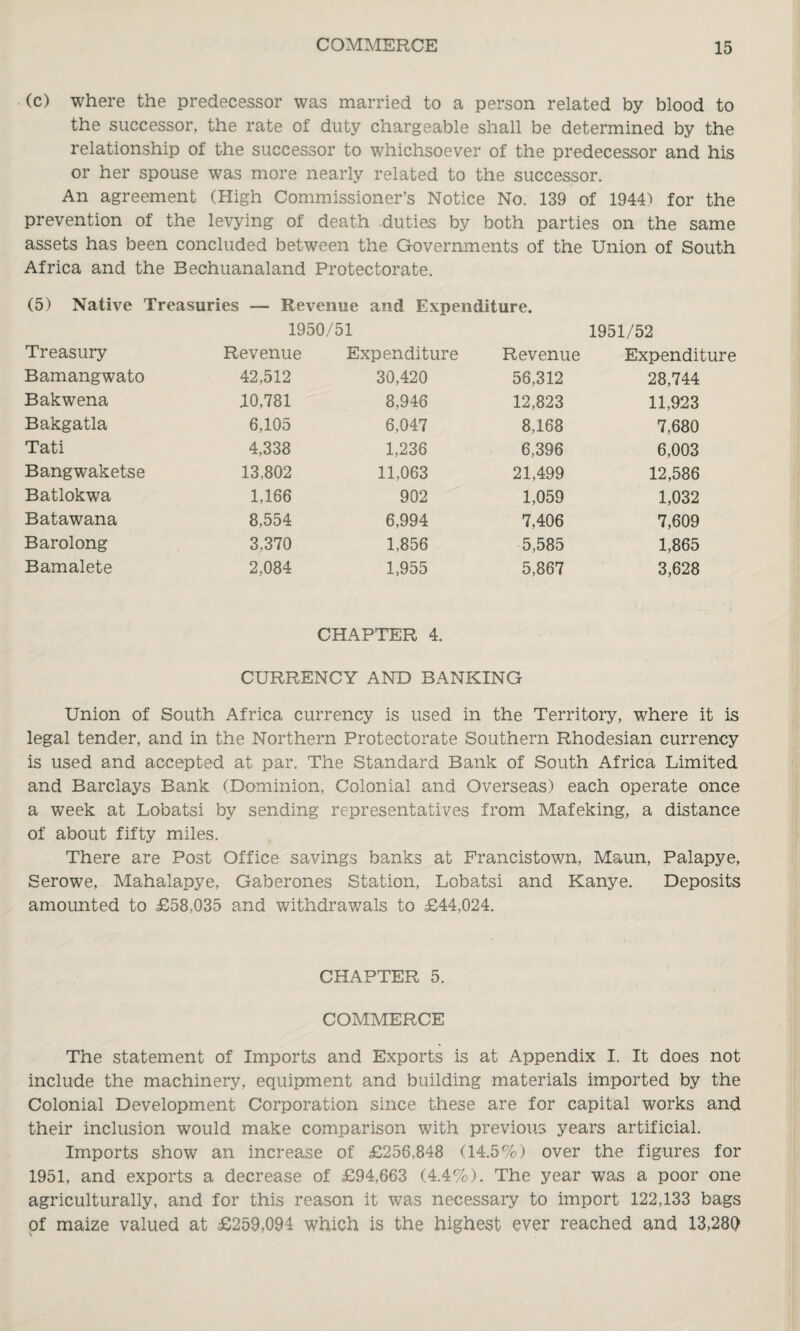 (c) where the predecessor was married to a person related by blood to the successor, the rate of duty chargeable shall be determined by the relationship of the successor to whichsoever of the predecessor and his or her spouse was more nearly related to the successor. An agreement (High Commissioner’s Notice No. 139 of 1944s! for the prevention of the levying of death duties by both parties on the same assets has been concluded between the Governments of the Union of South Africa and the Bechuanaland Protectorate. (5) Native Treasuries — Revenue and Expenditure. 1950/51 1951/52 Treasury Revenue Expenditure Revenue Expenditure Bamangwato 42,512 30,420 56,312 28,744 Bakwena 10,781 8,946 12,823 11,923 Bakgatla 6,105 6,047 8,168 7,680 Tati 4,338 1,236 6,396 6,003 Bangwaketse 13,802 11,063 21,499 12,586 Batlokwa 1,166 902 1,059 1,032 Batawana 8,554 6,994 7,406 7,609 Barolong 3,370 1,856 5,585 1,865 Bamalete 2,084 1,955 5,867 3,628 CHAPTER 4. CURRENCY AND BANKING Union of South Africa currency is used in the Territory, where it is legal tender, and in the Northern Protectorate Southern Rhodesian currency is used and accepted at par. The Standard Bank of South Africa Limited and Barclays Bank (Dominion, Colonial and Overseas) each operate once a week at Lobatsi by sending representatives from Mafeking, a distance of about fifty miles. There are Post Office savings banks at Francistown, Maun, Palapye, Serowe, Mahalapye, Gaberones Station, Lobatsi and Kanye. Deposits amounted to £58,035 and withdrawals to £44,024. CHAPTER 5. COMMERCE The statement of Imports and Exports is at Appendix I. It does not include the machinery, equipment and building materials imported by the Colonial Development Corporation since these are for capital works and their inclusion would make comparison with previous years artificial. Imports show an increase of £256,848 (14.5%) over the figures for 1951, and exports a decrease of £94,663 (4.4%). The year was a poor one agriculturally, and for this reason it was necessary to import 122,133 bags of maize valued at £259,094 which is the highest ever reached and 13,280