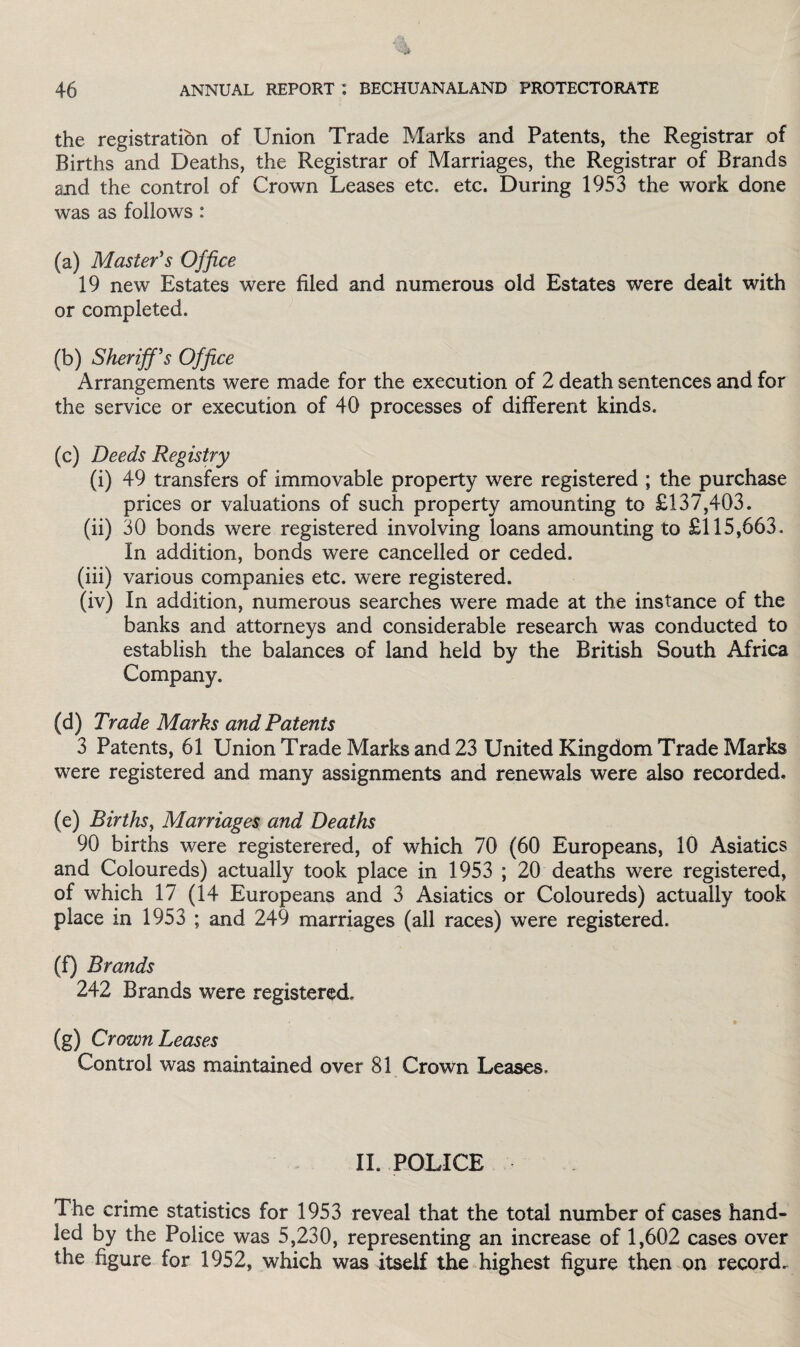 the registration of Union Trade Marks and Patents, the Registrar of Births and Deaths, the Registrar of Marriages, the Registrar of Brands and the control of Crown Leases etc. etc. During 1953 the work done was as follows: (a) Master's Office 19 new Estates were filed and numerous old Estates were dealt with or completed. (b) Sheriff's Office Arrangements were made for the execution of 2 death sentences and for the service or execution of 40 processes of different kinds. (c) Deeds Registry (i) 49 transfers of immovable property were registered ; the purchase prices or valuations of such property amounting to £137,403. (ii) 30 bonds were registered involving loans amounting to £115,663. In addition, bonds were cancelled or ceded. (iii) various companies etc. were registered. (iv) In addition, numerous searches were made at the instance of the banks and attorneys and considerable research was conducted to establish the balances of land held by the British South Africa Company. (d) Trade Marks and Patents 3 Patents, 61 Union Trade Marks and 23 United Kingdom Trade Marks were registered and many assignments and renewals were also recorded. (e) Births, Marriages and Deaths 90 births were registerered, of which 70 (60 Europeans, 10 Asiatics and Coloureds) actually took place in 1953 ; 20 deaths were registered, of which 17 (14 Europeans and 3 Asiatics or Coloureds) actually took place in 1953 ; and 249 marriages (all races) were registered. (f) Brands 242 Brands were registered. (g) Crown Leases Control was maintained over 81 Crown Leases. II. POLICE The crime statistics for 1953 reveal that the total number of cases hand¬ led by the Police was 5,230, representing an increase of 1,602 cases over the figure for 1952, which was itself the highest figure then on record.