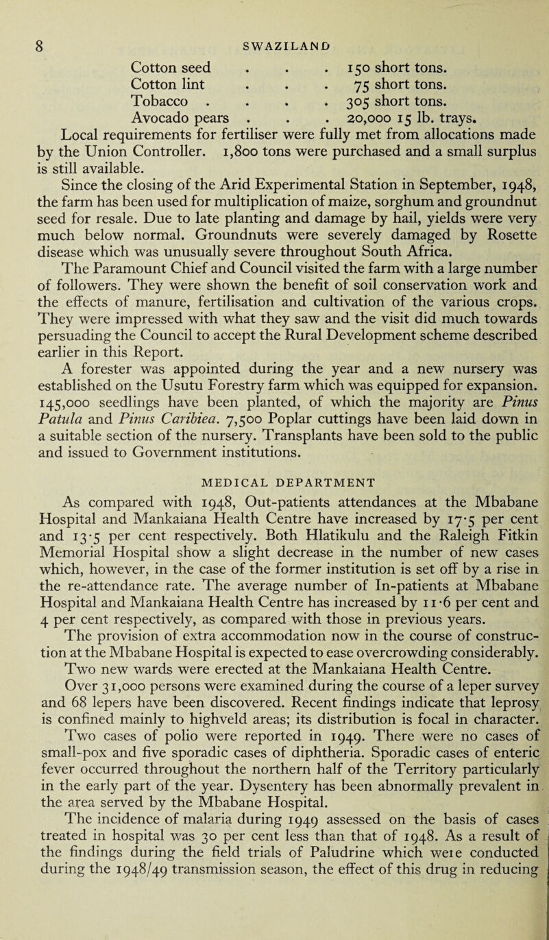 Cottonseed . . . 150 short tons. Cotton lint ... 75 short tons. Tobacco . . . . 305 short tons. Avocado pears . . . 20,000 15 lb. trays. Local requirements for fertiliser were fully met from allocations made by the Union Controller. 1,800 tons were purchased and a small surplus is still available. Since the closing of the Arid Experimental Station in September, 1948, the farm has been used for multiplication of maize, sorghum and groundnut seed for resale. Due to late planting and damage by hail, yields were very much below normal. Groundnuts were severely damaged by Rosette disease which was unusually severe throughout South Africa. The Paramount Chief and Council visited the farm with a large number of followers. They were shown the benefit of soil conservation work and the effects of manure, fertilisation and cultivation of the various crops. They were impressed with what they saw and the visit did much towards persuading the Council to accept the Rural Development scheme described earlier in this Report. A forester was appointed during the year and a new nursery was established on the Usutu Forestry farm which was equipped for expansion. 145,000 seedlings have been planted, of which the majority are Pinus Patula and Pinus Caribiea. 7,500 Poplar cuttings have been laid down in a suitable section of the nursery. Transplants have been sold to the public and issued to Government institutions. MEDICAL DEPARTMENT As compared with 1948, Out-patients attendances at the Mbabane Hospital and Mankaiana Health Centre have increased by 17-5 per cent and 13-5 per cent respectively. Both Hlatikulu and the Raleigh Fitkin Memorial Hospital show a slight decrease in the number of new cases which, however, in the case of the former institution is set off by a rise in the re-attendance rate. The average number of In-patients at Mbabane Hospital and Mankaiana Health Centre has increased by n-6 per cent and 4 per cent respectively, as compared with those in previous years. The provision of extra accommodation now in the course of construc¬ tion at the Mbabane Hospital is expected to ease overcrowding considerably. Two new wards were erected at the Mankaiana Health Centre. Over 31,000 persons were examined during the course of a leper survey and 68 lepers have been discovered. Recent findings indicate that leprosy is confined mainly to highveld areas; its distribution is focal in character. Two cases of polio were reported in 1949. There were no cases of small-pox and five sporadic cases of diphtheria. Sporadic cases of enteric fever occurred throughout the northern half of the Territory particularly in the early part of the year. Dysentery has been abnormally prevalent in the area served by the Mbabane Hospital. The incidence of malaria during 1949 assessed on the basis of cases treated in hospital was 30 per cent less than that of 1948. As a result of the findings during the field trials of Paludrine which weie conducted during the 1948/49 transmission season, the effect of this drug in reducing