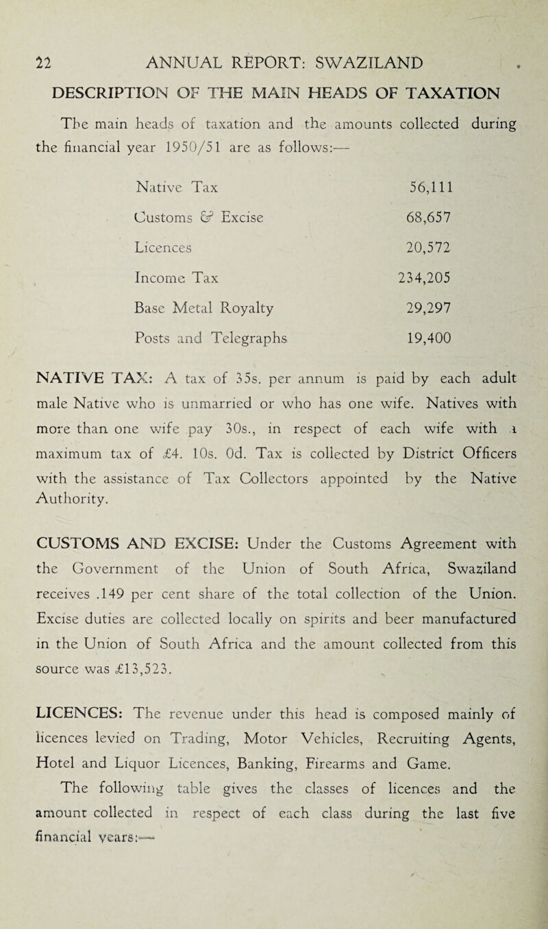 DESCRIPTION OF THE MAIN HEADS OF TAXATION Tbe main heads of taxation and the amounts collected during the financial year 1950/51 are as follows:-— Native Tax 56,111 Customs U Excise 68,657 Licences 20,572 Income Tax 234,205 Base Metal Royalty 29,297 Posts and Telegraphs 19,400 NATIVE TAX: A tax of 35s. per annum is paid by each adult male Native who is unmarried or who has one wife. Natives with more than one wife pay 30s., in respect of each wife with ,i maximum tax of £4. 10s. Od. Tax is collected by District Officers with the assistance of Tax Collectors appointed by the Native Authority. CUSTOMS AND EXCISE: Under the Customs Agreement with the Government of the Union of South Africa, Swaziland receives .149 per cent share of the total collection of the Union. Excise duties are collected locally on spirits and beer manufactured in the Union of South Africa and the amount collected from this source was <£13,523. LICENCES: The revenue under this head is composed mainly of licences levied on Trading, Motor Vehicles, Recruiting Agents, Hotel and Liquor Licences, Banking, Firearms and Game. The following table gives the classes of licences and the amount collected in respect of each class during the last five financial years:-—