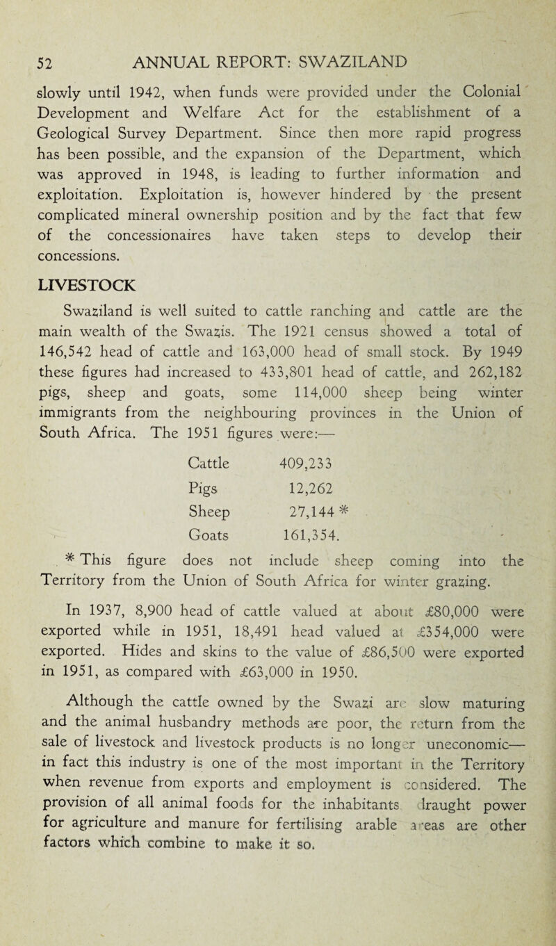 slowly until 1942, when funds were provided under the Colonial Development and Welfare Act for the establishment of a Geological Survey Department. Since then more rapid progress has been possible, and the expansion of the Department, which was approved in 1948, is leading to further information and exploitation. Exploitation is, however hindered by the present complicated mineral ownership position and by the fact that few of the concessionaires have taken steps to develop their concessions. LIVESTOCK Swaziland is well suited to cattle ranching and cattle are the main wealth of the Swazis. The 1921 census showed a total of 146,542 head of cattle and 163,000 head of small stock. By 1949 these figures had increased to 433,801 head of cattle, and 262,182 pigs, sheep and goats, some 114,000 sheep being winter immigrants from the neighbouring provinces in the Union of South Africa. The 1951 figures were:— Cattle 409,233 Pigs 12,262 Sheep 27,144 * Goats 161,354. * This figure does not include sheep coming into the Territory from the Union of South Africa for winter grazing. In 1937, 8,900 head of cattle valued at about £80,000 were exported while in 1951, 18,491 head valued at £354,000 were exported. Hides and skins to the value of £86,500 were exported in 1951, as compared with £63,000 in 1950. Although the cattle owned by the Swazi ar<- slow maturing and the animal husbandry methods are poor, the return from the sale of livestock and livestock products is no longer uneconomic— in fact this industry is one of the most important in the Territory when revenue from exports and employment is considered. The provision of all animal foods for the inhabitants Iraught power for agriculture and manure for fertilising arable areas are other factors which combine to make it so.