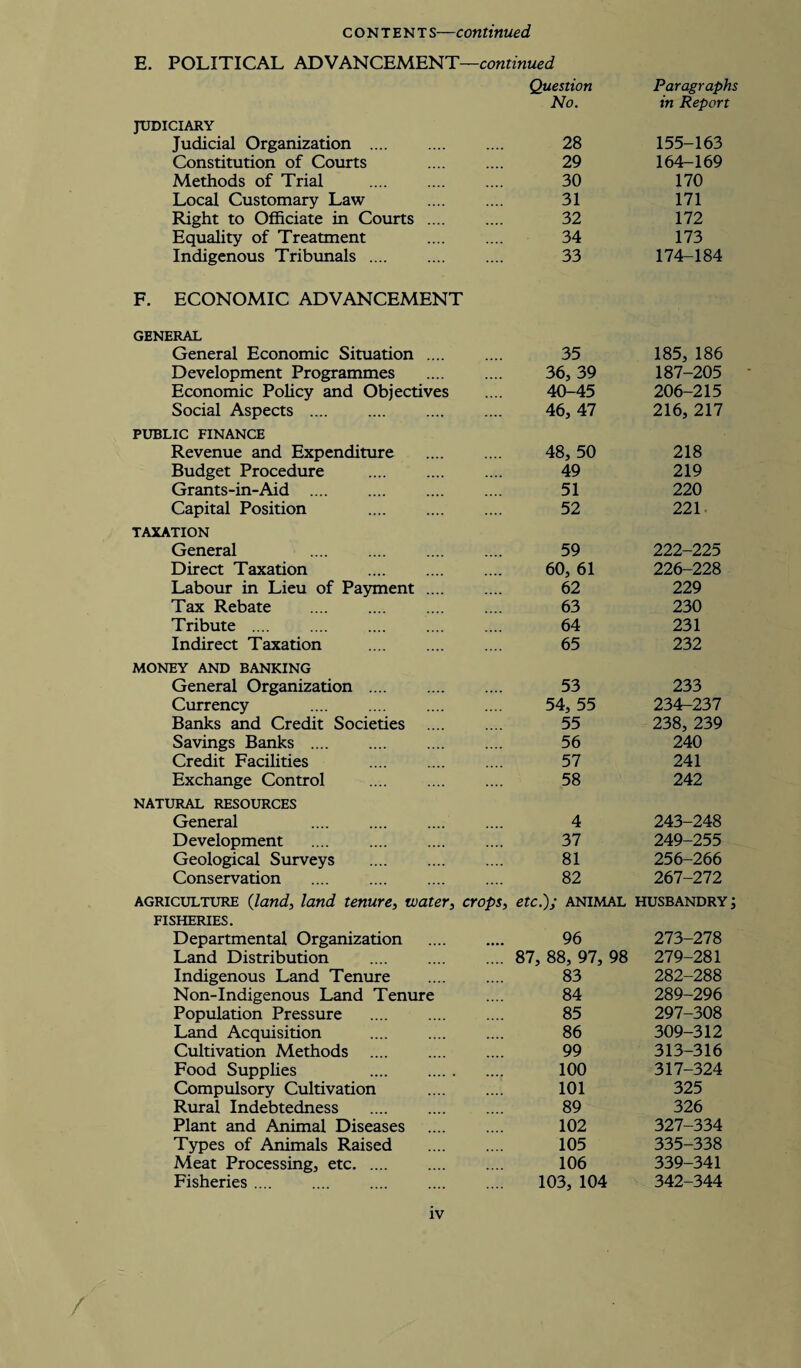 E. POLITICAL ADVANCEMENT- -continued Question Paragraphs No. in Report judiciary Judicial Organization . 28 155-163 Constitution of Courts 29 164-169 Methods of Trial . 30 170 Local Customary Law 31 171 Right to Officiate in Courts .... 32 172 Equality of Treatment 34 173 Indigenous Tribunals .... 33 174-184 F. ECONOMIC ADVANCEMENT GENERAL General Economic Situation .... 35 185, 186 Development Programmes 36, 39 187-205 Economic Policy and Objectives 40-45 206-215 Social Aspects . 46, 47 216, 217 PUBLIC FINANCE Revenue and Expenditure 48, 50 218 Budget Procedure 49 219 Grants-in-Aid . 51 220 Capital Position . 52 221 TAXATION General 59 222-225 Direct Taxation . 60, 61 226-228 Labour in Lieu of Payment .... 62 229 Tax Rebate . 63 230 Tribute . 64 231 Indirect Taxation 65 232 MONEY AND BANKING General Organization .... 53 233 Currency .... . 54, 55 234-237 Banks and Credit Societies 55 238, 239 Savings Banks . 56 240 Credit Facilities 57 241 Exchange Control 58 242 NATURAL RESOURCES General 4 243-248 Development .... . 37 249-255 Geological Surveys . 81 256-266 Conservation 82 267-272 agriculture (land, land tenure, water, crops, etc.); animal husbandry ; FISHERIES. Departmental Organization 96 273-278 Land Distribution .... 87, 88, 97, 98 279-281 Indigenous Land Tenure 83 282-288 Non-Indigenous Land Tenure 84 289-296 Population Pressure 85 297-308 Land Acquisition 86 309-312 Cultivation Methods 99 313-316 Food Supplies . 100 317-324 Compulsory Cultivation 101 325 Rural Indebtedness . 89 326 Plant and Animal Diseases 102 327-334 Types of Animals Raised 105 335-338 Meat Processing, etc. 106 339-341 Fisheries .... . 103, 104 342-344