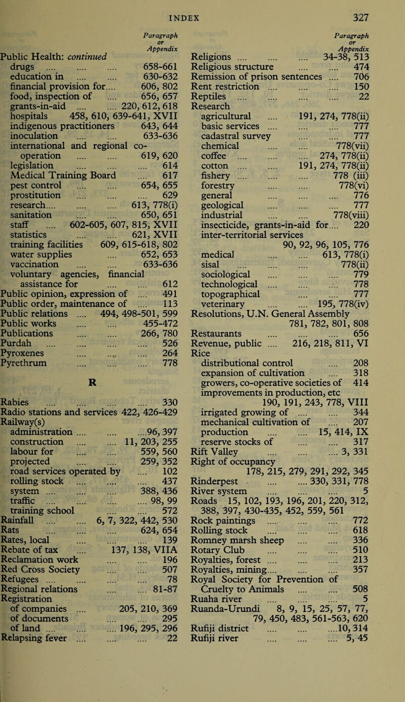 Paragraph OT Appendix Public Health: continued drugs . 658-661 education in 630-632 financial provision for.... 606, 802 food, inspection of 656, 657 grants-in-aid . 220,612,618 hospitals 458, 610, 639-641, XVII indigenous practitioners 643, 644 inoculation 633-636 international and regional co- operation 619, 620 legislation .... 614 Medical Training Board .... 617 pest control . 654, 655 prostitution . .... 629 research... 613, 778(i) sanitation 650, 651 staff .... 602-605, 607, 815, XVII statistics 621, XVII training facilities 609, 615-618, 802 water supplies 652, 653 vaccination 633-636 voluntary agencies, financial assistance for .... 612 Public opinion, expression of .... 491 Public order, maintenance of .... 113 Public relations .... 494, 498-501, 599 Public works 455-472 Publications 266, 780 Purdah . .... 526 Pyroxenes .... ,.t. .... 264 Pyrethrum .... 778 R Rabies . .... 330 Radio stations and services 422, 426-429 Railway(s) administration .... ...96,397 construction 11, 203, 255 labour for 559, 560 projected 259, 352 road services operated by .... 102 rolling stock .... 437 system. 388, 436 traffic . .... 98, 99 training school .... 572 Rainfall . 6, 7, 322, 442, 530 Rats 624, 654 Rates, local 139 Rebate of tax .... 137, 138, VIIA Reclamation work .... 196 Red Cross Society .... 507 Refugees .... 78 Regional relations .... 81-87 Registration of companies .... 205, 210, 369 of documents .... 295 of land .... 196, 295, 296 Relapsing fever .... 22 Paragraph or Appendix Religions .... .... .... 34-38, 513 Religious structure . 474 Remission of prison sentences .... 706 Rent restriction Reptiles Research agricultural basic services cadastral survey chemical coffee cotton ... fishery ... forestry general geological industrial . 150 . 22 191, 274, 778(ii) .... 777 .... 777 778(vii) 274, 778(ii) 191, 274, 778(ii) 778 (iii) 778(vi) ... 776 777 778(viii) 220 insecticide, grants-in-aid for inter-territorial services 90, 92, 96, 105, 776 613, 778(i) 778(ii) medical sisal sociological . 779 technological .... .... .... 778 topographical .... .... 777 veterinary .... .... 195, 778(iv) Resolutions, U.N. General Assembly 781, 782, 801, 808 Restaurants .... .... .... 656 Revenue, public .... 216, 218, 811, VI Rice distributional control .... 208 expansion of cultivation .... 318 growers, co-operative societies of 414 improvements in production, etc 190, 191, 243, 778, VIII irrigated growing of . 344 mechanical cultivation of .... 207 production .... .... 15,414, IX reserve stocks of .... .... 317 Rift Valley .3, 331 Right of occupancy 178, 215, 279, 291, 292, 345 Rinderpest .... .... 330, 331, 778 River system .... .... .... 5 Roads 15, 102, 193, 196, 201, 220, 312, 388, 397, 430-435, 452, 559, 561 Rock paintings . 772 Rolling stock .... .... .... 618 Romney marsh sheep . 336 Rotary Club .... .... .... 510 Royalties, forest. 213 Royalties, mining ... .... .... 357 Royal Society for Prevention of Cruelty to Animals .... .... 508 Ruaha river . 5 Ruanda-Urundi 8, 9, 15, 25, 57, 77, 79, 450, 483, 561-563, 620 Rufiji district .... .... ....10,314 Rufiji river .... .... 5, 45