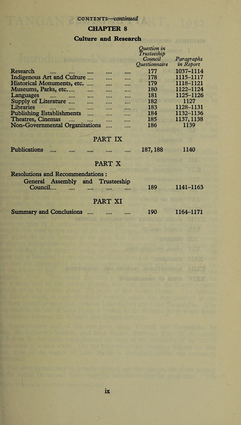 c o N T ents—continued CHAPTER 8 Culture and Research Question in Trusteeship Council Questionnaire Research . 177 Indigenous Art and Culture. 178 Historical Monuments, etc. 179 Museums, Parks, etc. 180 Languages . 181 Supply of Literature. 182 Libraries . 183 Publishing Establishments . 184 Theatres, Cinemas . 185 Non-Governmental Organizations . 186 PART IX Publications . 187,188 PART X Resolutions and Recommendations: General Assembly and Trusteeship Council. .... .... 189 PART XI Summary and Conclusions . 190 Paragraphs in Report 1037-1114 1115-1117 1118-1121 1122-1124 1125-1126 1127 1128-1131 1132-1136 1137,1138 1139 1140 1141-1163 1164-1171