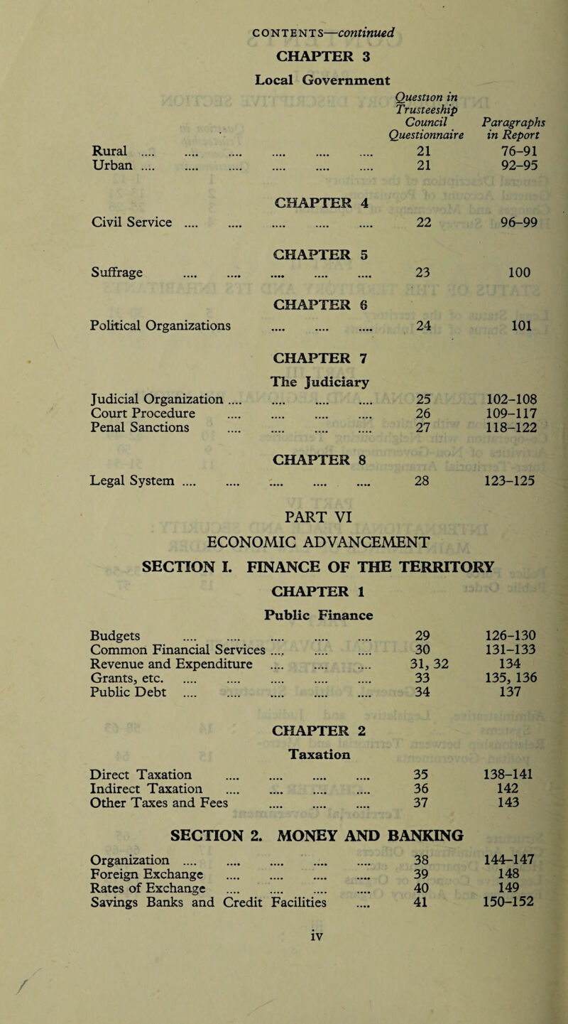 CHAPTER 3 Local Government Question in Trusteeship Council Questionnaire Paragraphs in Report Rural . 21 76-91 Urban. CHAPTER 4 21 92-95 Civil Service . CHAPTER 5 22 96-99 Suffrage . CHAPTER 6 23 100 Political Organizations CHAPTER 7 The Judiciary 24 101 Judicial Organization .... .... .... .... 25 102-108 Court Procedure 26 109-117 Penal Sanctions CHAPTER 8 27 118-122 Legal System. PART VI 28 123-125 ECONOMIC ADVANCEMENT SECTION I. FINANCE OF THE TERRITORY CHAPTER 1 Public Finance Budgets . .... .... .... 29 126-130 Common Financial Services .... 30 131-133 Revenue and Expenditure . 31, 32 134 Grants, etc. 33 135, 136 Public Debt . . 34 137 Direct Taxation CHAPTER 2 Taxation 35 138-141 Indirect Taxation 36 142 Other Taxes and Fees . 37 143 SECTION 2. Organization . MONEY AND BANKING 38 144-147 Foreign Exchange .... .... .... 39 148 Rates of Exchange 40 149 Savings Banks and Credit Facilities 41 150-152 iv /