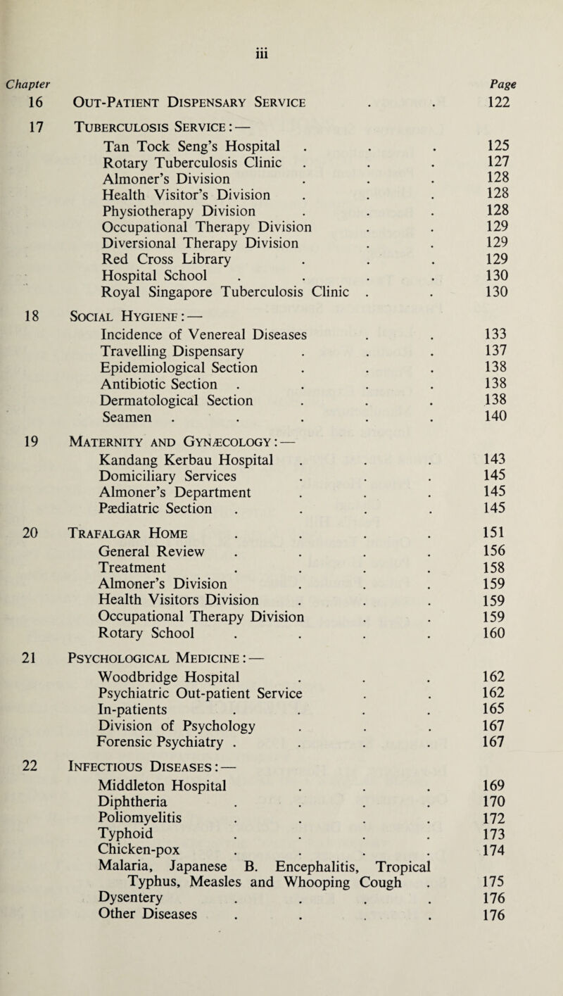 Chapter Page 16 Out-Patient Dispensary Service . . 122 17 Tuberculosis Service : — Tan Tock Seng’s Hospital . . . 125 Rotary Tuberculosis Clinic . . . 127 Almoner’s Division . . . 128 Health Visitor’s Division . . . 128 Physiotherapy Division . . . 128 Occupational Therapy Division . . 129 Diversional Therapy Division . . 129 Red Cross Library . . . 129 Hospital School . . . . 130 Royal Singapore Tuberculosis Clinic . . 130 18 Social Hygiene: — Incidence of Venereal Diseases . . 133 Travelling Dispensary . . . 137 Epidemiological Section . . . 138 Antibiotic Section . . . . 138 Dermatological Section . . . 138 Seamen ..... 140 19 Maternity and Gynecology: — Kandang Kerbau Hospital . . . 143 Domiciliary Services . . . 145 Almoner’s Department . . . 145 Paediatric Section . . . . 145 20 Trafalgar Home . . . . 151 General Review . . . . 156 Treatment . . . . 158 Almoner’s Division . . . 159 Health Visitors Division . . . 159 Occupational Therapy Division . . 159 Rotary School . . . . 160 21 Psychological Medicine: — Woodbridge Hospital . . . 162 Psychiatric Out-patient Service . . 162 In-patients . . . . 165 Division of Psychology . . . 167 Forensic Psychiatry . . . . 167 22 Infectious Diseases: — Middleton Hospital . . . 169 Diphtheria . . . . 170 Poliomyelitis . . . . 172 Typhoid . . . .173 Chicken-pox . . . . 174 Malaria, Japanese B. Encephalitis, Tropical Typhus, Measles and Whooping Cough . 175 Dysentery . . . . 176 Other Diseases . . . 176