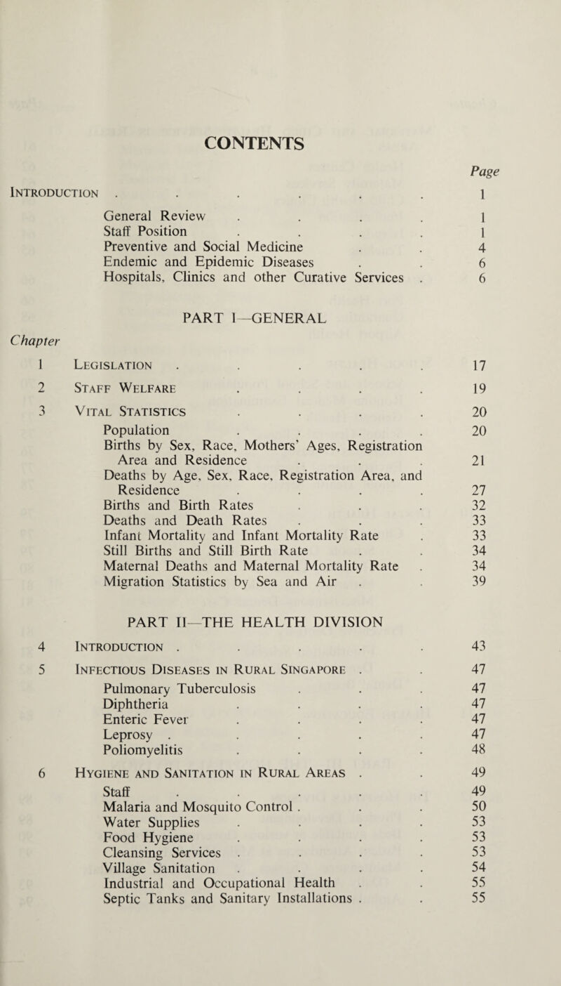 CONTENTS Page Introduction ...... 1 General Review .... 1 Staff Position .... 1 Preventive and Social Medicine . . 4 Endemic and Epidemic Diseases . . 6 Hospitals, Clinics and other Curative Services . 6 PART 1—GENERAL Chapter 1 Legislation . . . . .17 2 Staff Welfare . . . . 19 3 Vital Statistics .... 20 Population .... 20 Births by Sex, Race, Mothers’ Ages, Registration Area and Residence . . . 21 Deaths by Age, Sex, Race, Registration Area, and Residence .... 27 Births and Birth Rates ... 32 Deaths and Death Rates . . . 33 Infant Mortality and Infant Mortality Rate . 33 Still Births and Still Birth Rate . . 34 Maternal Deaths and Maternal Mortality Rate . 34 Migration Statistics by Sea and Air . . 39 PART II —THE HEALTH DIVISION 4 Introduction ..... 43 5 Infectious Diseases in Rural Singapore . . 47 Pulmonary Tuberculosis ... 47 Diphtheria .... 47 Enteric Fever .... 47 Leprosy . .... 47 Poliomyelitis .... 48 6 Hygiene and Sanitation in Rural Areas . . 49 Staff ..... 49 Malaria and Mosquito Control ... 50 Water Supplies .... 53 Food Hygiene . . . . 53 Cleansing Services . . . . 53 Village Sanitation .... 54 Industrial and Occupational Health . . 55 Septic Tanks and Sanitary Installations . . 55