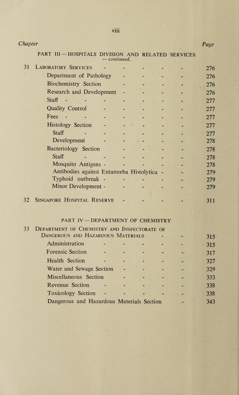 Chapter Page PART III — HOSPITALS DIVISION AND RELATED SERVICES — continued. 31 Laboratory Services ----- 276 Department of Pathology - 276 Biochemistry Section - 276 Research and Development - 276 Staff ------- 277 Quality Control ----- 277 Fees ------- 277 Histology Section ----- 277 Staff - - - - - - 277 Development - 278 Bacteriology Section - 278 Staff ------ 278 Mosquito Antigens ----- 278 Antibodies against Entamoeba Histolytica - - 279 Typhoid outbreak ----- 279 Minor Development ----- 279 32 Singapore Hospital Reserve - - - - 311 PART IV — DEPARTMENT OF CHEMISTRY 33 Department of Chemistry and Inspectorate of Dangerous and Hazardous Materials - - 315 Administration - - - - - 315 Forensic Section - - - - - 317 Health Section ----- 327 Water and Sewage Section - 329 Miscellaneous Section - - - - 333 Revenue Section - - - - - 338 Toxicology Section - - - - - 338 Dangerous and Hazardous Materials Section - 343