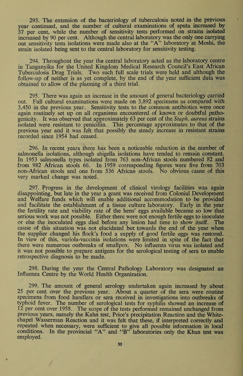 293. The extension of the bacteriology of tuberculosis noted in the previous year continued, and the number of cultural examinations of sputa increased by 37 per cent, while the number of sensitivity tests performed on strains isolated increased by 90 per cent. Although the central laboratory was the only one carrying out sensitivity tests isolations were made also at the “A” laboratory at Moshi, the strain isolated being sent to the central laboratory for sensitivity testing. 294. Throughout the year the central laboratory acted as the laboratory centre in Tanganyika for the United Kingdom Medical Research Council’s East African Tuberculosis Drug Trials. Two such full scale trials were held and although the follow-up of neither is as yet complete, by the end of the year sufficient data was obtained to allow of the planning of a third trial. 295. There was again an increase in the amount of general bacteriology carried out. Full cultural examinations were made on 3,892 specimens as compared with 3,450 in the previous year. Sensitivity tests to the common antibiotics were once again routinely set up on all organisms encountered of known or doubtful patho¬ genicity. It was observed that approximately 63 per cent of the Staph, aureus strains isolated were resistant to penicillin. This percentage approximates to that of the previous year and it was felt that possibly the steady increase in resistant strains recorded since 1954 had ceased. 296. In recent years there has been a noticeable reduction in the number of salmonella isolations, although shigella isolations have tended to remain constant. In 1953 salmonella types isolated from 763 non-African stools numbered 82 and from 982 African stools 66. In 1959 corresponding figures were five from 703 non-African stools and one from 536 African stools. No obvious cause of this very marked change was noted. 297. Progress in the development of clinical virology facilities was again disappointing, but late in the year a grant was received from Colonial Development and Welfare funds which will enable additional accommodation to be provided and facilitate the establishment of a tissue culture laboratory. Early in the year the fertility rate and viability rate of the hens’ eggs available became so low that serious work was not possible. Either there were not enough fertile eggs to inoculate or else the inoculated eggs died before any lesion had time to show itself. The cause of this situation was not elucidated but towards the end of the year when the supplier changed his flock’s food a supply of good fertile eggs was restored. In view of this, variola-vaccinia isolations were limited in spite of the fact that there were numerous outbreaks of smallpox. No influenza virus was isolated and it was not possible to prepare antigens for the serological testing of sera to enable retrospective diagnosis to be made. 298. During the year the Central Pathology Laboratory was designated an Influenza Centre by the World Health Organization. 299. The amount of general serology undertaken again increased by about 25 per cent over the previous year. About a quarter of the sera were routine specimens from food handlers or sera received in investigations into outbreaks of typhoid fever. The number of serological tests for syphilis showed an increase of 12 per cent over 1958. The scope of the tests performed remained unchanged from previous years, namely the Kahn test. Price’s precipitation Reaction and the White¬ chapel Wasserman Reaction and it was felt that these, if interpreted correctly and repeated when necessary, were sufficient to give all possible information in local conditions. In the provincial “A” and “B” laboratories only the Khan test was employed. 50 f