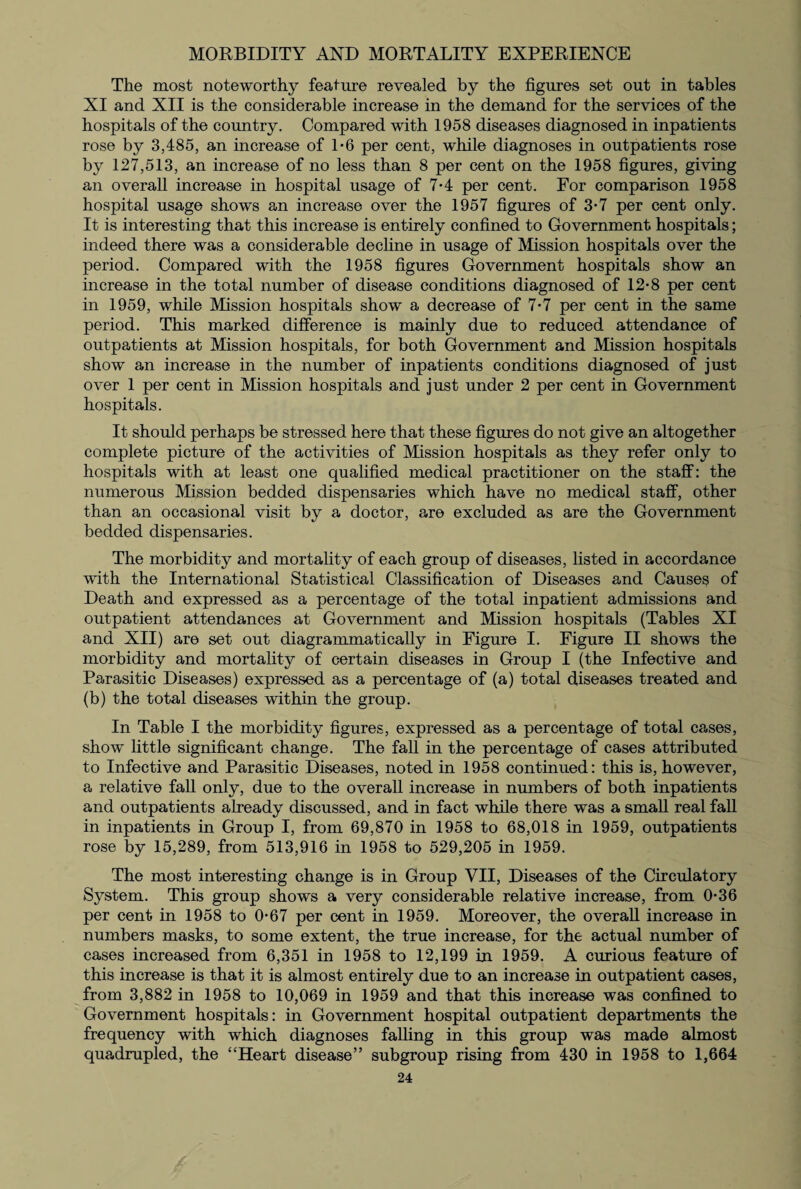 The most noteworthy feature revealed by the figures set out in tables XI and XII is the considerable increase in the demand for the services of the hospitals of the country. Compared with 1958 diseases diagnosed in inpatients rose by 3,485, an increase of 1-6 per cent, while diagnoses in outpatients rose by 127,513, an increase of no less than 8 per cent on the 1958 figures, giving an overall increase in hospital usage of 7-4 per cent. For comparison 1958 hospital usage shows an increase over the 1957 figures of 3-7 per cent only. It is interesting that this increase is entirely confined to Government hospitals; indeed there was a considerable decline in usage of Mission hospitals over the period. Compared with the 1958 figures Government hospitals show an increase in the total number of disease conditions diagnosed of 12-8 per cent in 1959, while Mission hospitals show a decrease of 7-7 per cent in the same period. This marked difference is mainly due to reduced attendance of outpatients at Mission hospitals, for both Government and Mission hospitals show an increase in the number of inpatients conditions diagnosed of just over 1 per cent in Mission hospitals and just under 2 per cent in Government hospitals. It should perhaps be stressed here that these figures do not give an altogether complete picture of the activities of Mission hospitals as they refer only to hospitals with at least one qualified medical practitioner on the staff: the numerous Mission bedded dispensaries which have no medical staff, other than an occasional visit by a doctor, are excluded as are the Government bedded dispensaries. The morbidity and mortality of each group of diseases, listed in accordance with the International Statistical Classification of Diseases and Causes of Death and expressed as a percentage of the total inpatient admissions and outpatient attendances at Government and Mission hospitals (Tables XI and XII) are set out diagrammatically in Figure I. Figure II shows the morbidity and mortality of certain diseases in Group I (the Infective and Parasitic Diseases) expressed as a percentage of (a) total diseases treated and (b) the total diseases within the group. In Table I the morbidity figures, expressed as a percentage of total cases, show little significant change. The fall in the percentage of cases attributed to Infective and Parasitic Diseases, noted in 1958 continued: this is, however, a relative fall only, due to the overall increase in numbers of both inpatients and outpatients already discussed, and in fact while there was a small real fall in inpatients in Group I, from 69,870 in 1958 to 68,018 in 1959, outpatients rose by 15,289, from 513,916 in 1958 to 529,205 in 1959. The most interesting change is in Group VII, Diseases of the Circulatory System. This group shows a very considerable relative increase, from 0-36 per cent in 1958 to 0*67 per cent in 1959. Moreover, the overall increase in numbers masks, to some extent, the true increase, for the actual number of cases increased from 6,351 in 1958 to 12,199 in 1959. A curious feature of this increase is that it is almost entirely due to an increase in outpatient cases, from 3,882 in 1958 to 10,069 in 1959 and that this increase was confined to Government hospitals: in Government hospital outpatient departments the frequency with which diagnoses falling in this group was made almost quadrupled, the “Heart disease” subgroup rising from 430 in 1958 to 1,664