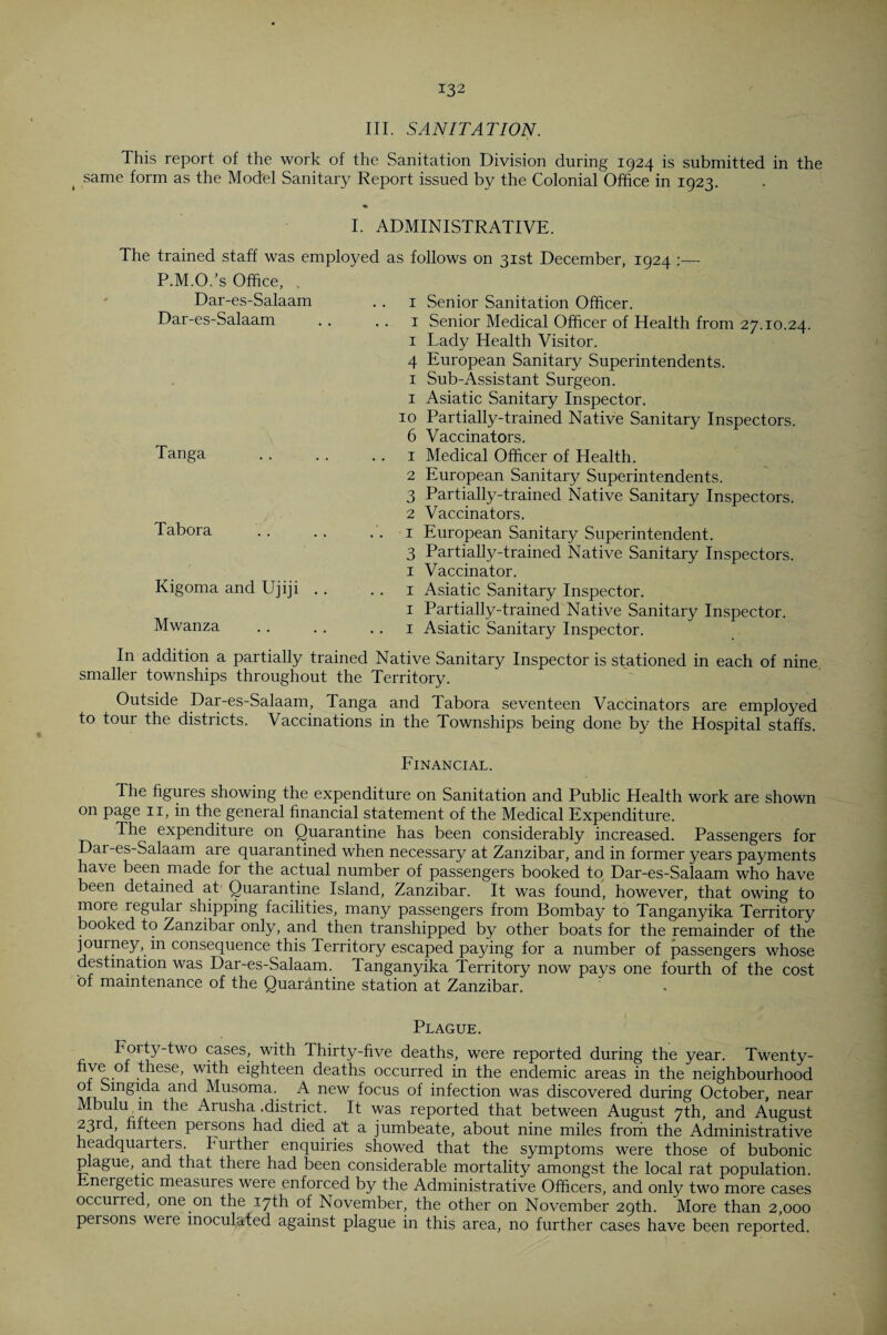 III. SANITATION. This report of the work of the Sanitation Division during 1924 is submitted in the ( same form as the Model Sanitary Report issued by the Colonial Office in 1923. I. ADMINISTRATIVE. The trained staff was employed as follows on 31st December, 1924 :— P.M.O.’s Office, . Dar-es-Salaam .. 1 Senior Sanitation Officer. Dar-es-Salaam .. . . 1 Senior Medical Officer of Health from 27.10.24. 1 Lady Health Visitor. 4 European Sanitary Superintendents. 1 Sub-Assistant Surgeon. 1 Asiatic Sanitary Inspector. 10 Partially-trained Native Sanitary Inspectors. 6 Vaccinators. Tanga . . . . 1 Medical Officer of Health. 2 European Sanitary Superintendents. 3 Partially-trained Native Sanitary Inspectors. 2 Vaccinators. Tabora .. .. .'. 1 European Sanitary Superintendent. 3 Partially-trained Native Sanitary Inspectors. 1 Vaccinator. Kigoma and Ujiji . . . . 1 Asiatic Sanitary Inspector. 1 Partially-trained Native Sanitary Inspector. Mwanza . . . . 1 Asiatic Sanitary Inspector. In addition a partially trained Native Sanitary Inspector is stationed in each of nine smaller townships throughout the Territory. Outside Dar-es-Salaam, Tanga and Tabora seventeen Vaccinators are employed to tour the districts. Vaccinations in the Townships being done by the Hospital staffs. Financial. The figures showing the expenditure on Sanitation and Public Health work are shown on page 11, in the general financial statement of the Medical Expenditure. The expenditure on Quarantine has been considerably increased. Passengers for Dar-es-Salaam are quarantined when necessary at Zanzibar, and in former years payments have been made for the actual number of passengers booked to Dar-es-Salaam who have been detained at Quarantine Island, Zanzibar. It was found, however, that owing to more regular shipping facilities, many passengers from Bombay to Tanganyika Territory booked to Zanzibar only, and then transhipped by other boats for the remainder of the journey, in consequence this Territory escaped paying for a number of passengers whose destination was Dar-es-Salaam. Tanganyika Territory now pays one fourth of the cost of maintenance of the Quarantine station at Zanzibar. Plague. Forty-two cases, with Thirty-five deaths, were reported during the year. Twenty- Jecof these> with eighteen deaths occurred in the endemic areas in the neighbourhood ° Smgida and Musoma. A new focus of infection was discovered during October, near Mbuluqn the Arusha .district. It was reported that between August 7th, and August 23rd, fifteen persons had died at a jumbeate, about nine miles from the Administrative headquarters, burther enquiries showed that the symptoms were those of bubonic plague, and that there had been considerable mortality amongst the local rat population. nergetic measures were enforced by the Administrative Officers, and only two more cases occurred, one on the 17th of November, the other on November 29th. More than 2,000 persons were inoculated against plague in this area, no further cases have been reported.