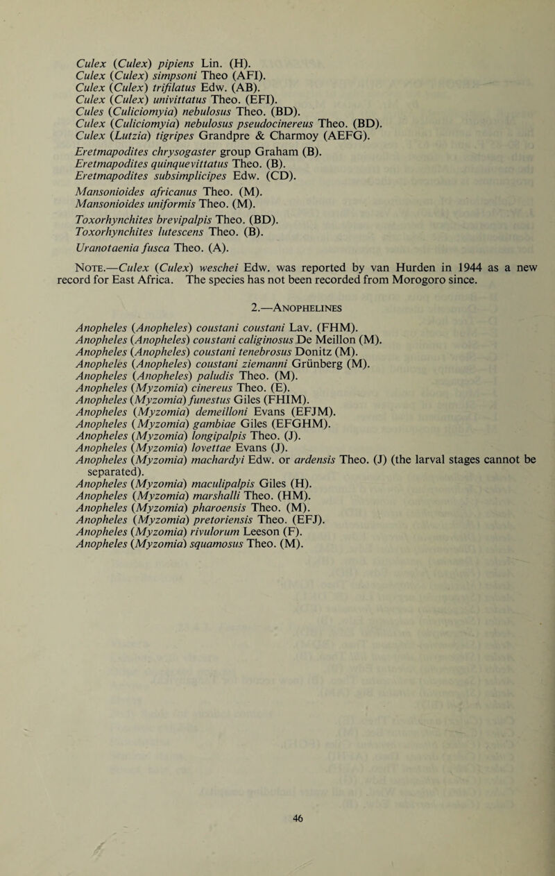 Culex (Culex) pipiens Lin. (H). Culex {Culex) simpsoni Theo (AFI). Culex {Culex) trifilatus Edw. (AB). Culex {Culex) univittatus Theo. (EFI). Cules {Culiciomyia) nebulosus Theo. (BD). Culex {Culiciomyia) nebulosus pseudocinereus Theo. (BD). Culex {Lutzia) tigripes Grandpre & Charmoy (AEFG). Eretmapodites chrysogaster group Graham (B). Eretmapodites quinquevittatus Theo. (B). Eretmapodites subsimplicipes Edw. (CD). Mansonioides africanus Theo. (M). Mansonioides uniformis Theo. (M). Toxorhynchites brevipalpis Theo. (BD). Toxorhynchites lutescens Theo. (B). Uranotaenia fusca Theo. (A). Note.—Culex {Culex) weschei Edw. was reported by van Hurden in 1944 as a new record for East Africa. The species has not been recorded from Morogoro since. 2.—Anophelines Anopheles {Anopheles) coustani coustani Lav. (FHM). Anopheles {Anopheles) coustani ca/iginosus De Meillon (M). Anopheles {Anopheles) coustani tenebrosus Donitz (M). Anopheles {Anopheles) coustani ziemanni Griinberg (M). Anopheles {Anopheles) paludis Theo. (M). Anopheles {Myzomia) cinereus Theo. (E). Anopheles {Myzomia) funestus Giles (FHIM). Anopheles {Myzomia) demeilloni Evans (EFJM). Anopheles {Myzomia) gambiae Giles (EFGHM). Anopheles (Myzomia) longipalpis Theo. (J). Anopheles {Myzomia) lovettae Evans (J). Anopheles {Myzomia) machardyi Edw. or ardensis Theo. (J) (the larval stages cannot be separated). Anopheles {Myzomia) maculipalpis Giles (FI). Anopheles {Myzomia) marshalli Theo. (HM). Anopheles (Myzomia) pharoensis Theo. (M). Anopheles {Myzomia) pretoriensis Theo. (EFJ). Anopheles {Myzomia) rivulorum Leeson (F). Anopheles {Myzomia) squamosus Theo. (M).