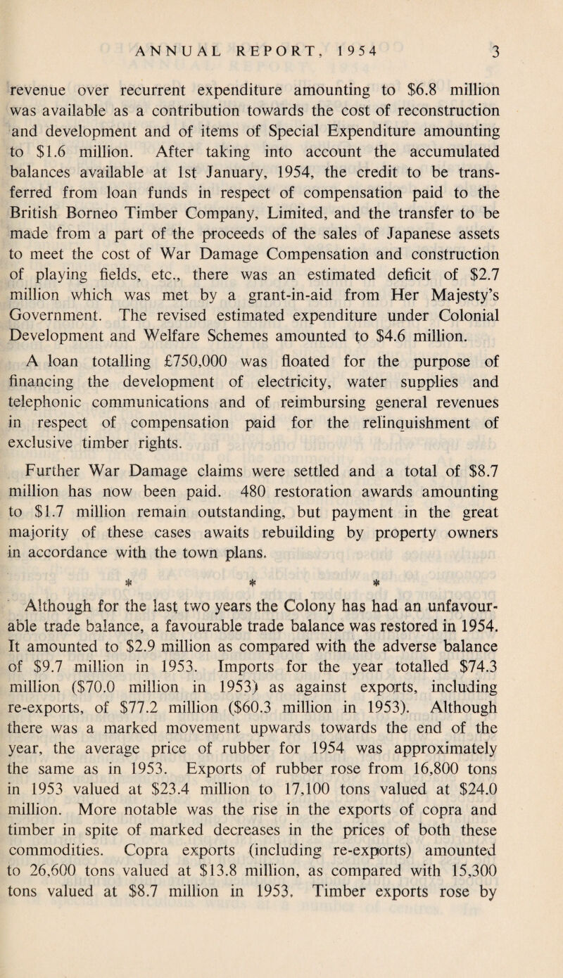 revenue over recurrent expenditure amounting to $6.8 million was available as a contribution towards the cost of reconstruction and development and of items of Special Expenditure amounting to $1.6 million. After taking into account the accumulated balances available at 1st January, 1954, the credit to be trans¬ ferred from loan funds in respect of compensation paid to the British Borneo Timber Company, Limited, and the transfer to be made from a part of the proceeds of the sales of Japanese assets to meet the cost of War Damage Compensation and construction of playing fields, etc., there was an estimated deficit of $2.7 million which was met by a grant-in-aid from Her Majesty’s Government. The revised estimated expenditure under Colonial Development and Welfare Schemes amounted to $4.6 million. A loan totalling £750,000 was floated for the purpose of financing the development of electricity, water supplies and telephonic communications and of reimbursing general revenues in respect of compensation paid for the relinquishment of exclusive timber rights. Further War Damage claims were settled and a total of $8.7 million has now been paid. 480 restoration awards amounting to $1.7 million remain outstanding, but payment in the great majority of these cases awaits rebuilding by property owners in accordance with the town plans. Sj* * # Although for the last two years the Colony has had an unfavour¬ able trade balance, a favourable trade balance was restored in 1954. It amounted to $2.9 million as compared with the adverse balance of $9.7 million in 1953. Imports for the year totalled $74.3 million ($70.0 million in 1953) as against exports, including re-exports, of $77.2 million ($60.3 million in 1953). Although there was a marked movement upwards towards the end of the year, the average price of rubber for 1954 was approximately the same as in 1953. Exports of rubber rose from 16,800 tons in 1953 valued at $23.4 million to 17,100 tons valued at $24.0 million. More notable was the rise in the exports of copra and timber in spite of marked decreases in the prices of both these commodities. Copra exports (including re-exports) amounted to 26,600 tons valued at $13.8 million, as compared with 15,300 tons valued at $8.7 million in 1953, Timber exports rose by