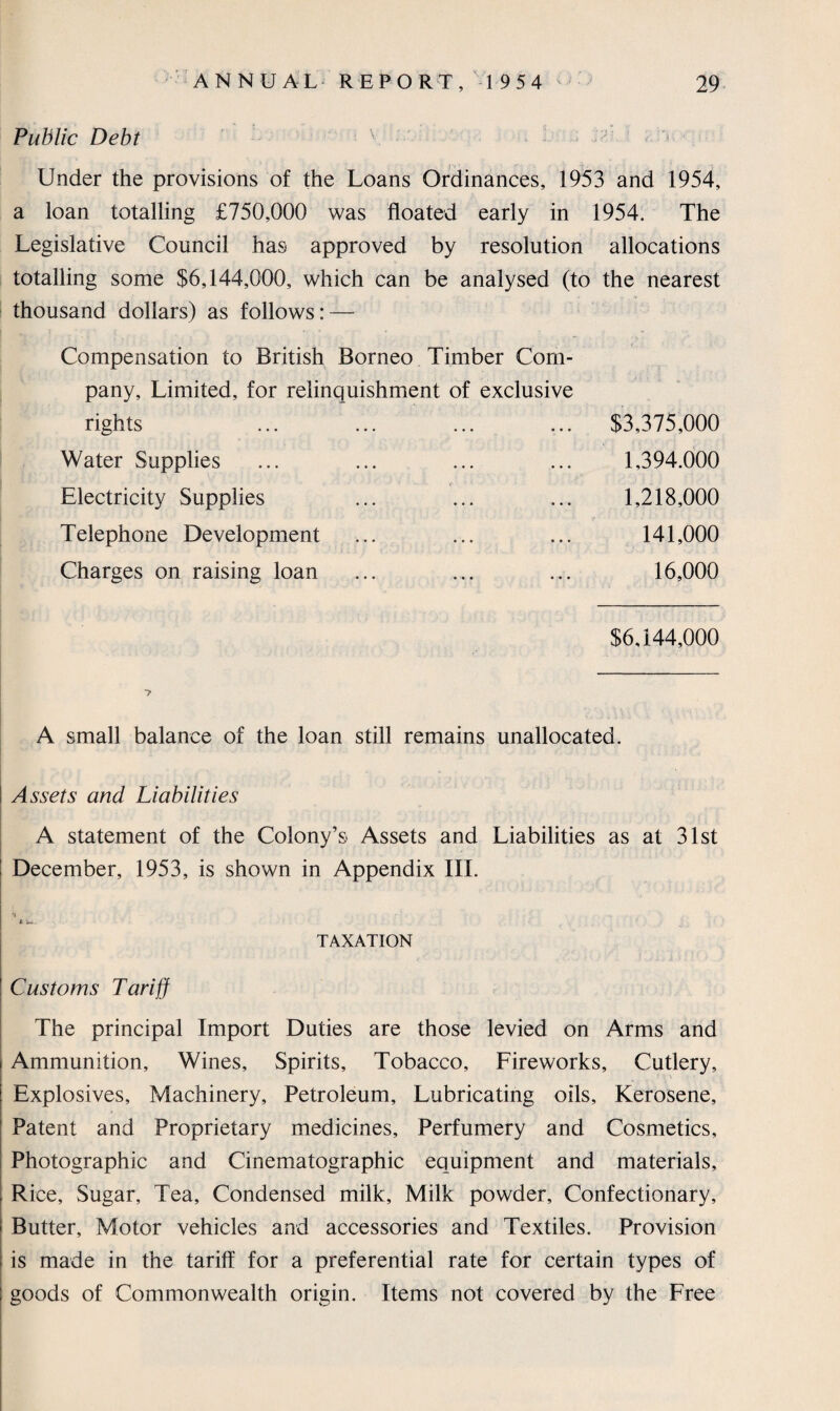 Public Debt Under the provisions of the Loans Ordinances, 1953 and 1954, a loan totalling £750,000 was floated early in 1954. The Legislative Council has approved by resolution allocations totalling some $6,144,000, which can be analysed (to the nearest thousand dollars) as follows: — Compensation to British Borneo Timber Com¬ pany, Limited, for relinquishment of exclusive rights ... ... ... ... $3,375,000 Water Supplies ... ... ... ... 1,394.000 Electricity Supplies ... ... ... 1,218,000 Telephone Development ... ... ... 141,000 Charges on raising loan ... ... ... 16,000 $6,144,000 A small balance of the loan still remains unallocated. Assets and Liabilities A statement of the Colony’s Assets and Liabilities as at 31st December, 1953, is shown in Appendix III. TAXATION Customs Tariff The principal Import Duties are those levied on Arms and Ammunition, Wines, Spirits, Tobacco, Fireworks, Cutlery, Explosives, Machinery, Petroleum, Lubricating oils. Kerosene, Patent and Proprietary medicines. Perfumery and Cosmetics, Photographic and Cinematographic equipment and materials, Rice, Sugar, Tea, Condensed milk, Milk powder. Confectionary, Butter, Motor vehicles and accessories and Textiles. Provision is made in the tariff for a preferential rate for certain types of goods of Commonwealth origin. Items not covered by the Free