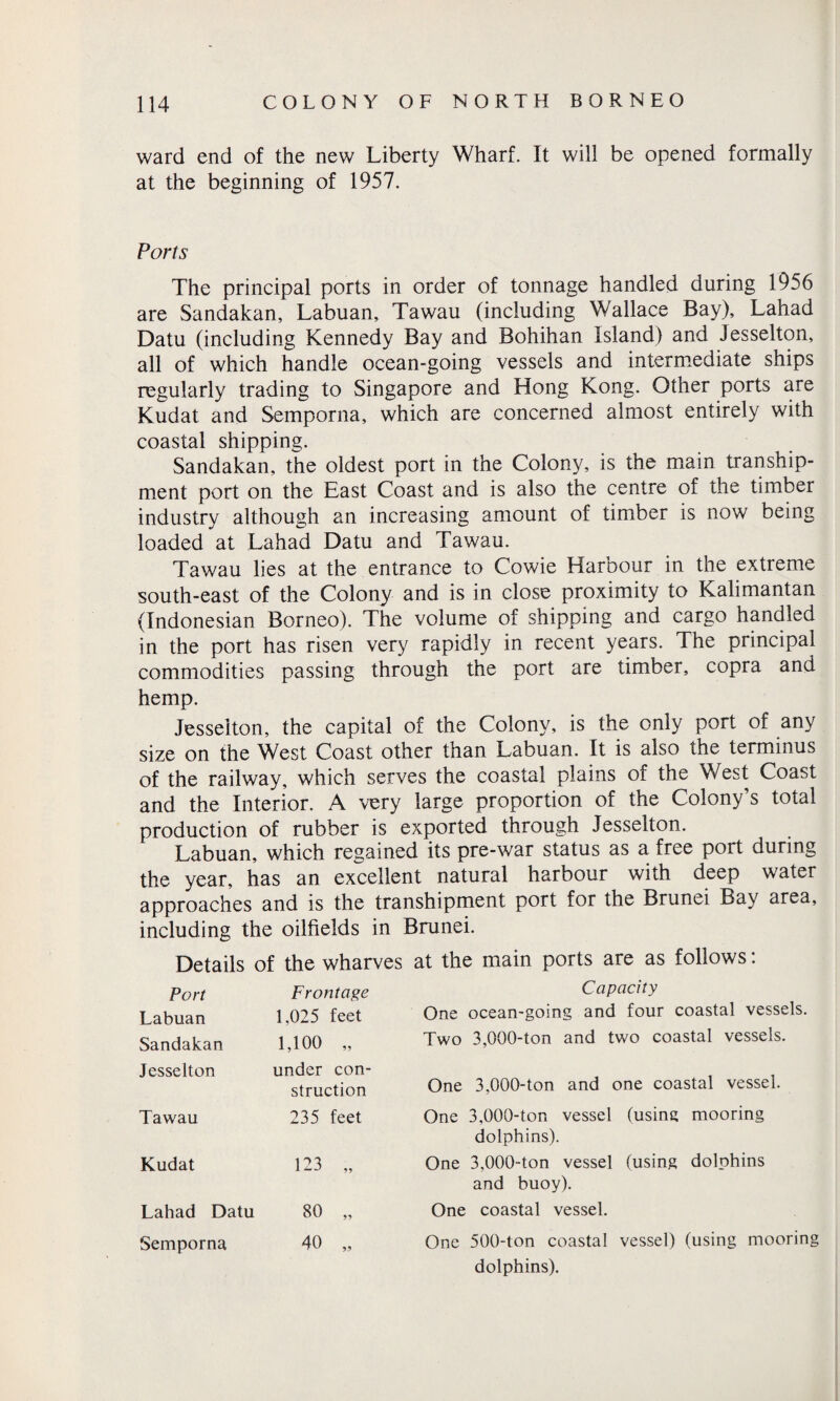 ward end of the new Liberty Wharf. It will be opened formally at the beginning of 1957. Ports The principal ports in order of tonnage handled during 1956 are Sandakan, Labuan, Tawau (including Wallace Bay), Lahad Datu (including Kennedy Bay and Bohihan Island) and Jesselton, all of which handle ocean-going vessels and intermediate ships regularly trading to Singapore and Hong Kong. Other ports are Kudat and Semporna, which are concerned almost entirely with coastal shipping. Sandakan, the oldest port in the Colony, is the main tranship¬ ment port on the East Coast and is also the centre of the timber industry although an increasing amount of timber is now being loaded at Lahad Datu and Tawau. Tawau lies at the entrance to Cowie Harbour in the extreme south-east of the Colony and is in close proximity to Kalimantan (Indonesian Borneo). The volume of shipping and cargo handled in the port has risen very rapidly in recent years. The principal commodities passing through the port are timber, copra and hemp. Jesselton, the capital of the Colony, is the only port of any size on the West Coast other than Labuan. It is also the terminus of the railway, which serves the coastal plains of the West Coast and the Interior. A very large proportion of the Colony’s total production of rubber is exported through Jesselton. Labuan, which regained its pre-war status as a free port during the year, has an excellent natural harbour with deep water approaches and is the transhipment port for the Brunei Bay area, including the oilfields in Brunei. Details of the wharves at the main ports are as follows: Port Frontage Capacity Labuan 1,025 feet One ocean-going and four coastal vessels. Sandakan Jesselton 1,100 „ under con¬ Two 3,000-ton and two coastal vessels. struction One 3,000-ton and one coastal vessel. Tawau 235 feet One 3,000-ton vessel (using mooring dolphins). Kudat 123 „ One 3,000-ton vessel (using dolphins and buoy). Lahad Datu 80 „ One coastal vessel. Semporna 40 „ One 500-ton coastal vessel) (using mooring dolphins).