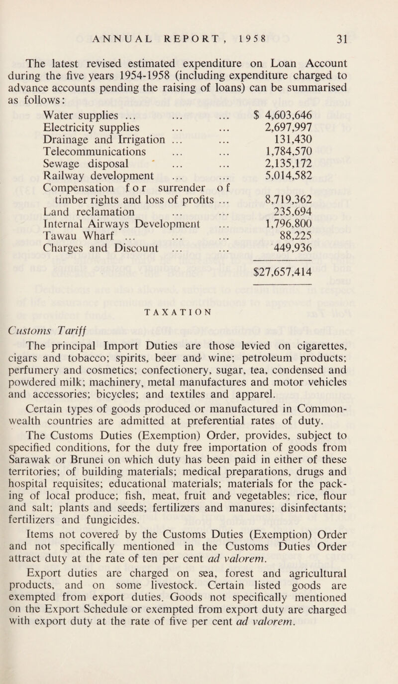 The latest revised estimated expenditure on Loan Account during the five years 1954-1958 (including expenditure charged to advance accounts pending the raising of loans) can be summarised as follows: Water supplies ... $ 4,603,646 Electricity supplies 2,697,997 Drainage and Irrigation ... 131,430 T elecommunications 1,784,570 Sewage disposal 2,135,172 Railway development 5,014,582 Compensation for surrender o f timber rights and loss of profits ... 8,719,362 Land reclamation 235,694 Internal Airways Development 1,796,800 Tawau Wharf ... 88,225 Charges and Discount ... 449,936 $27,657,414 TAXATION Customs Tariff The principal Import Duties are those levied on cigarettes, cigars and tobacco; spirits, beer and wine; petroleum products; perfumery and cosmetics; confectionery, sugar, tea, condensed and powdered milk; machinery, metal manufactures and motor vehicles and accessories; bicycles; and textiles and apparel. Certain types of goods produced or manufactured in Common¬ wealth countries are admitted at preferential rates of duty. The Customs Duties (Exemption) Order, provides, subject to specified conditions, for the duty free importation of goods from Sarawak or Brunei on which duty has been paid in either of these territories; of building materials; medical preparations, drugs and hospital requisites; educational materials; materials for the pack¬ ing of local produce; fish, meat, fruit and vegetables; rice, flour and salt; plants and seeds; fertilizers and manures; disinfectants; fertilizers and fungicides. Items not covered by the Customs Duties (Exemption) Order and not specifically mentioned in the Customs Duties Order attract duty at the rate of ten per cent ad valorem. Export duties are charged on sea, forest and agricultural products, and on some livestock. Certain listed goods are exempted from export duties. Goods not specifically mentioned on the Export Schedule or exempted from export duty are charged with export duty at the rate of five per cent ad valorem.