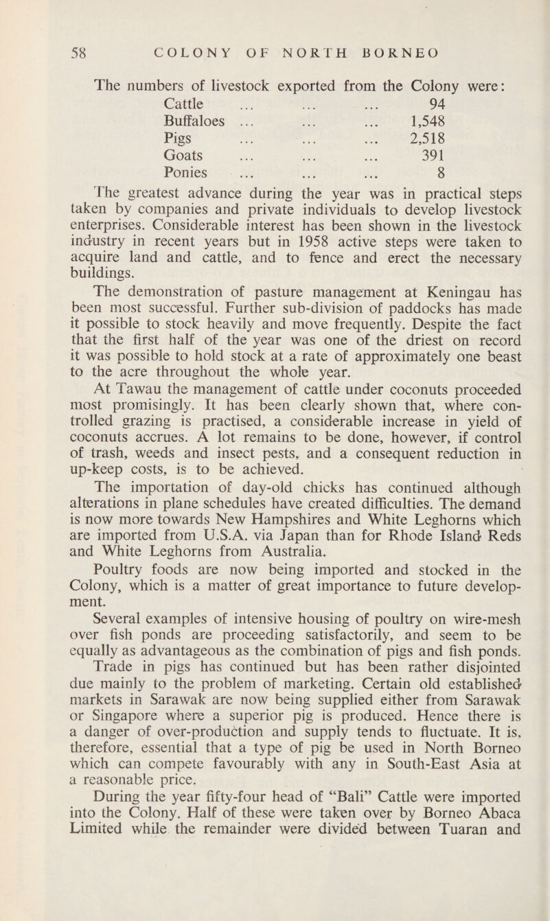 The numbers of livestock exported from the Cattle Buffaloes ... Pigs Goats Ponies Colony were: 94 ' 1,548 2,518 391 8 The greatest advance during the year was in practical steps taken by companies and private individuals to develop livestock enterprises. Considerable interest has been shown in the livestock industry in recent years but in 1958 active steps were taken to acquire land and cattle, and to fence and erect the necessary buildings. The demonstration of pasture management at Keningau has been most successful. Further sub-division of paddocks has made it possible to stock heavily and move frequently. Despite the fact that the first half of the year was one of the driest on record it was possible to hold stock at a rate of approximately one beast to the acre throughout the whole year. At Tawau the management of cattle under coconuts proceeded most promisingly. It has been clearly shown that, where con¬ trolled grazing is practised, a considerable increase in yield of coconuts accrues. A lot remains to be done, however, if control of trash, weeds and insect pests, and a consequent reduction in up-keep costs, is to be achieved. The importation of day-old chicks has continued although alterations in plane schedules have created difficulties. The demand is now more towards New Hampshires and White Leghorns which are imported from U.S.A. via Japan than for Rhode Island Reds and White Leghorns from Australia. Poultry foods are now being imported and stocked in the Colony, which is a matter of great importance to future develop¬ ment. Several examples of intensive housing of poultry on wire-mesh over fish ponds are proceeding satisfactorily, and seem to be equally as advantageous as the combination of pigs and fish ponds. Trade in pigs has continued but has been rather disjointed due mainly to the problem of marketing. Certain old established markets in Sarawak are now being supplied either from Sarawak or Singapore where a superior pig is produced. Hence there is a danger of over-production and supply tends to fluctuate. It is, therefore, essential that a type of pig be used in North Borneo which can compete favourably with any in South-East Asia at a reasonable price. During the year fifty-four head of “Bali” Cattle were imported into the Colony. Half of these were taken over by Borneo Abaca Limited while the remainder were divided between Tuaran and