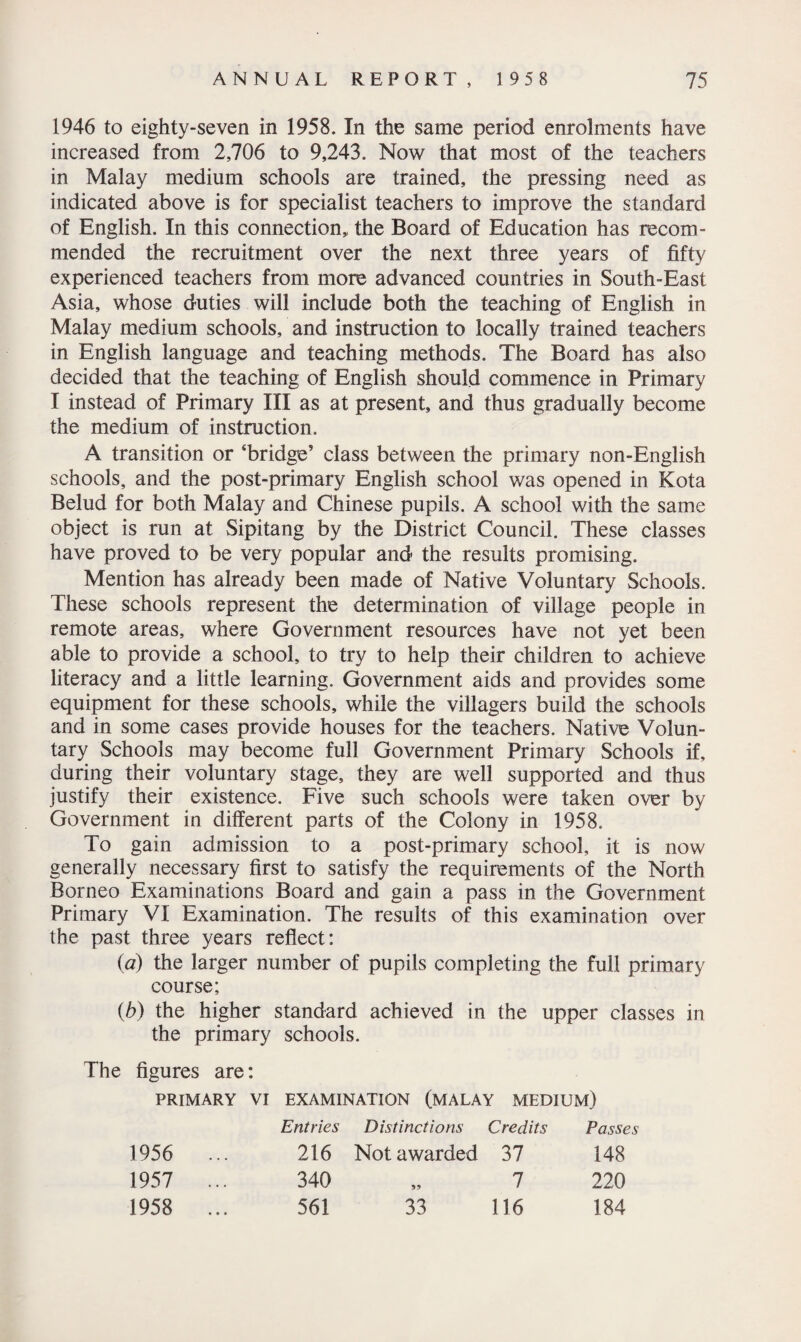 1946 to eighty-seven in 1958. In the same period enrolments have increased from 2,706 to 9,243. Now that most of the teachers in Malay medium schools are trained, the pressing need as indicated above is for specialist teachers to improve the standard of English. In this connection,, the Board of Education has recom¬ mended the recruitment over the next three years of fifty experienced teachers from more advanced countries in South-East Asia, whose duties will include both the teaching of English in Malay medium schools, and instruction to locally trained teachers in English language and teaching methods. The Board has also decided that the teaching of English should commence in Primary I instead of Primary III as at present, and thus gradually become the medium of instruction. A transition or ‘bridge' class between the primary non-English schools, and the post-primary English school was opened in Kota Belud for both Malay and Chinese pupils. A school with the same object is run at Sipitang by the District Council. These classes have proved to be very popular and the results promising. Mention has already been made of Native Voluntary Schools. These schools represent the determination of village people in remote areas, where Government resources have not yet been able to provide a school, to try to help their children to achieve literacy and a little learning. Government aids and provides some equipment for these schools, while the villagers build the schools and in some cases provide houses for the teachers. Native Volun¬ tary Schools may become full Government Primary Schools if, during their voluntary stage, they are well supported and thus justify their existence. Five such schools were taken over by Government in different parts of the Colony in 1958. To gain admission to a post-primary school, it is now generally necessary first to satisfy the requirements of the North Borneo Examinations Board and gain a pass in the Government Primary VI Examination. The results of this examination over the past three years reflect: (a) the larger number of pupils completing the full primary course; (b) the higher standard achieved in the upper classes in the primary schools. The figures are: PRIMARY VI EXAMINATION (MALAY MEDIUM) Entries Distinctions Credits Passes 1956 ... 216 Not awarded 37 148 1957 ... 340 99 7 220 1958 ... 561 33 116 184