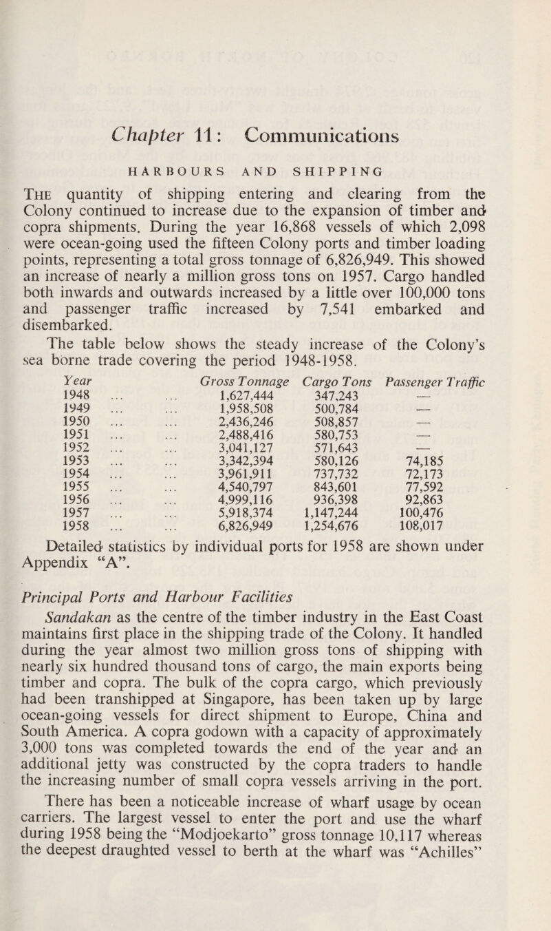 Chapter 11: Communications HARBOURS AND SHIPPING The quantity of shipping entering and clearing from the Colony continued to increase due to the expansion of timber and copra shipments. During the year 16,868 vessels of which 2,098 were ocean-going used the fifteen Colony ports and timber loading points, representing a total gross tonnage of 6,826,949. This showed an increase of nearly a million gross tons on 1957. Cargo handled both inwards and outwards increased by a little over 100,000 tons and passenger traffic increased by 7,541 embarked and disembarked. The table below shows the steady increase of the Colony’s sea borne trade covering the period 1948-1958. Year Gross Tonnage Cargo Tons Passenger 1948 ... 1,627,444 347,243 — 1949 ... 1,958,508 500,784 — 1950 ... 2,436,246 508,857 — 1951 ... 2,488,416 580,753 — 1952 ... 3,041,127 571,643 — 1953 ... 3,342,394 580,126 74,185 1954 ... 3,961,911 737,732 72,173 1955 ... 4,540,797 843,601 77,592 1956 ... 4,999,116 936,398 92,863 1957 ... 5,918,374 1,147,244 100,476 1958 ... 6,826,949 1,254,676 108,017 Detailed statistics by individual ports for 1958 are shown under Appendix “A”. Principal Ports and Harbour Facilities Sandakan as the centre of the timber industry in the East Coast maintains first place in the shipping trade of the Colony. It handled during the year almost two million gross tons of shipping with nearly six hundred thousand tons of cargo, the main exports being timber and copra. The bulk of the copra cargo, which previously had been transhipped at Singapore, has been taken up by large ocean-going vessels for direct shipment to Europe, China and South America. A copra godown with a capacity of approximately 3,000 tons was completed towards the end of the year and an additional jetty was constructed by the copra traders to handle the increasing number of small copra vessels arriving in the port. There has been a noticeable increase of wharf usage by ocean carriers. The largest vessel to enter the port and use the wharf during 1958 being the “Modjoekarto” gross tonnage 10,117 whereas the deepest draughted vessel to berth at the wharf was “Achilles”