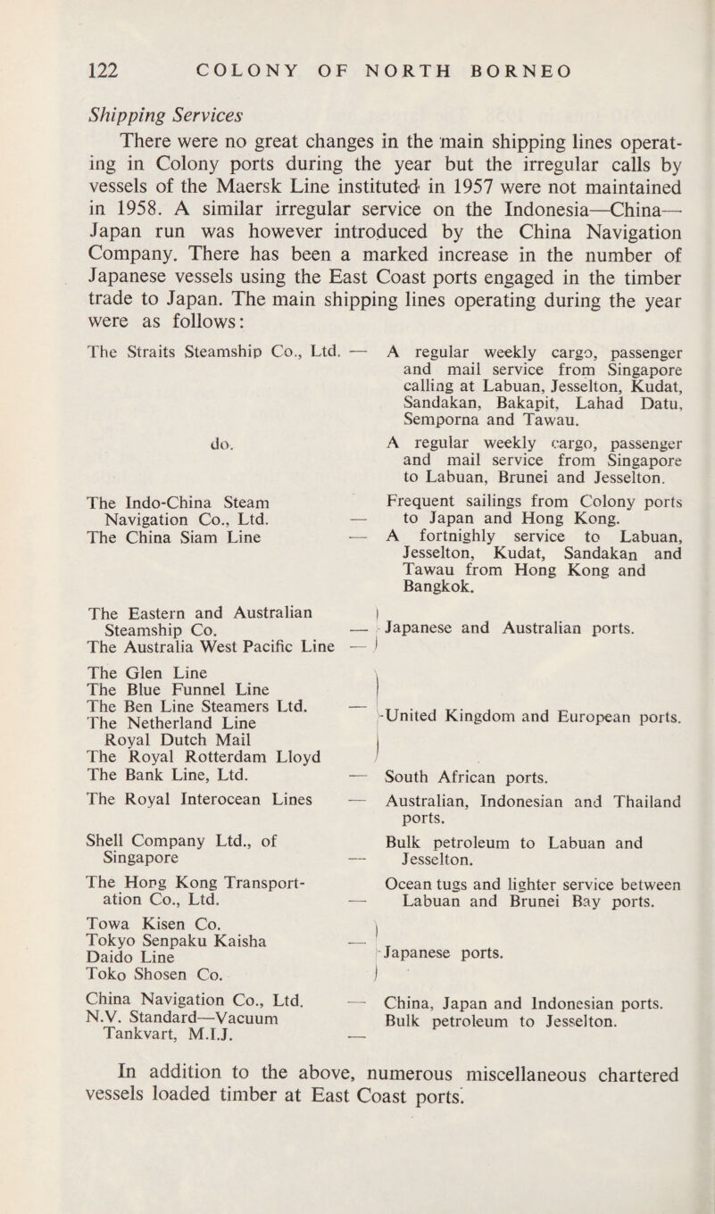 Shipping Services There were no great changes in the main shipping lines operat¬ ing in Colony ports during the year but the irregular calls by vessels of the Maersk Line instituted in 1957 were not maintained in 1958. A similar irregular service on the Indonesia—China— Japan run was however introduced by the China Navigation Company. There has been a marked increase in the number of Japanese vessels using the East Coast ports engaged in the timber trade to Japan. The main shipping lines operating during the year were as follows: The Straits Steamship Co., Ltd. — do. The Indo-China Steam Navigation Co., Ltd. The China Siam Line The Eastern and Australian Steamship Co. — The Australia West Pacific Line — The Glen Line The Blue Funnel Line The Ben Line Steamers Ltd. The Netherland Line Royal Dutch Mail The Royal Rotterdam Lloyd The Bank Line, Ltd. The Royal Interocean Lines Shell Company Ltd., of Singapore The Hong Kong Transport¬ ation Co., Ltd. Towa Kisen Co. Tokyo Senpaku Kaisha Daido Line Toko Shosen Co. China Navigation Co., Ltd. N.V. Standard—Vacuum Tankvart, M.I.J. In addition to the above vessels loaded timber at East A regular weekly cargo, passenger and mail service from Singapore calling at Labuan, Jesselton, Kudat, Sandakan, Bakapit, Lahad Datu, Semporna and Tawau. A regular weekly cargo, passenger and mail service from Singapore to Labuan, Brunei and Jesselton. Frequent sailings from Colony ports to Japan and Hong Kong. A fortnighly service to Labuan, Jesselton, Kudat, Sandakan and Tawau from Hong Kong and Bangkok. Japanese and Australian ports. United Kingdom and European ports. South African ports. Australian, Indonesian and Thailand ports. Bulk petroleum to Labuan and Jesselton. Ocean tugs and lighter service between Labuan and Brunei Bay ports. Japanese ports. China, Japan and Indonesian ports. Bulk petroleum to Jesselton. numerous miscellaneous chartered Coast ports.