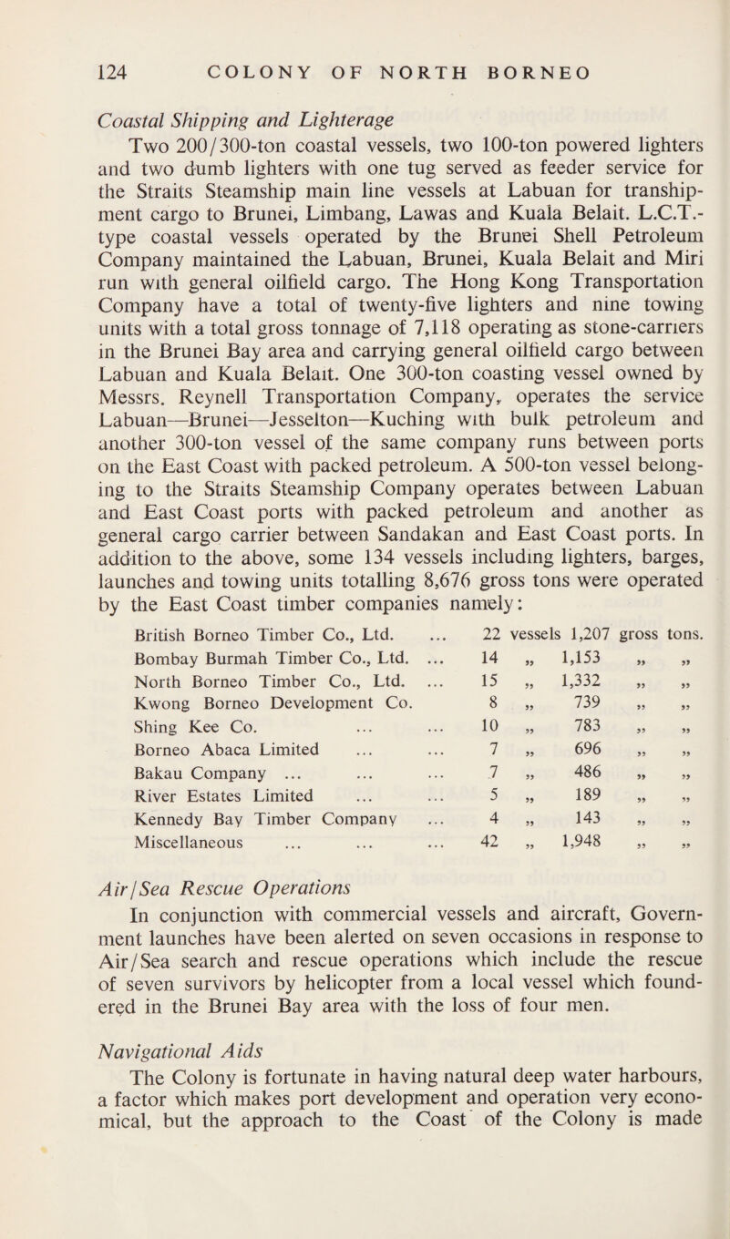 Coastal Shipping and Lighterage Two 200/300-ton coastal vessels, two 100-ton powered lighters and two dumb lighters with one tug served as feeder service for the Straits Steamship main line vessels at Labuan for tranship¬ ment cargo to Brunei, Limbang, Lawas and Kuala Belait. L.C.T.- type coastal vessels operated by the Brunei Shell Petroleum Company maintained the Labuan, Brunei, Kuala Belait and Miri run with general oilfield cargo. The Hong Kong Transportation Company have a total of twenty-five lighters and nine towing units with a total gross tonnage of 7,118 operating as stone-carriers in the Brunei Bay area and carrying general oilfield cargo between Labuan and Kuala Belait. One 300-ton coasting vessel owned by Messrs. Reynell Transportation Company, operates the service Labuan—Brunei—Jesselton—Kuching with bulk petroleum and another 300-ton vessel of the same company runs between ports on the East Coast with packed petroleum. A 500-ton vessel belong¬ ing to the Straits Steamship Company operates between Labuan and East Coast ports with packed petroleum and another as general cargo carrier between Sandakan and East Coast ports. In addition to the above, some 134 vessels including lighters, barges, launches and towing units totalling 8,676 gross tons were operated by the East Coast timber companies British Borneo Timber Co., Ltd. namely: 22 vessels 1,207 gross tons Bombay Burmah Timber Co., Ltd. ... 14 „ 1,153 » 99 North Borneo Timber Co., Ltd. 15 „ 1,332 99 99 Kwong Borneo Development Co. 8 „ 739 99 99 Shing Kee Co. 10 „ 783 99 99 Borneo Abaca Limited 7 „ 696 99 99 Bakau Company ... 7 „ 486 99 99 River Estates Limited 5 „ 189 99 99 Kennedy Bay Timber Company 4 „ 143 99 99 Miscellaneous 42 „ 1,948 99 99 Air/Sea Rescue Operations In conjunction with commercial vessels and aircraft. Govern¬ ment launches have been alerted on seven occasions in response to Air/Sea search and rescue operations which include the rescue of seven survivors by helicopter from a local vessel which found¬ ered in the Brunei Bay area with the loss of four men. Navigational Aids The Colony is fortunate in having natural deep water harbours, a factor which makes port development and operation very econo¬ mical, but the approach to the Coast of the Colony is made