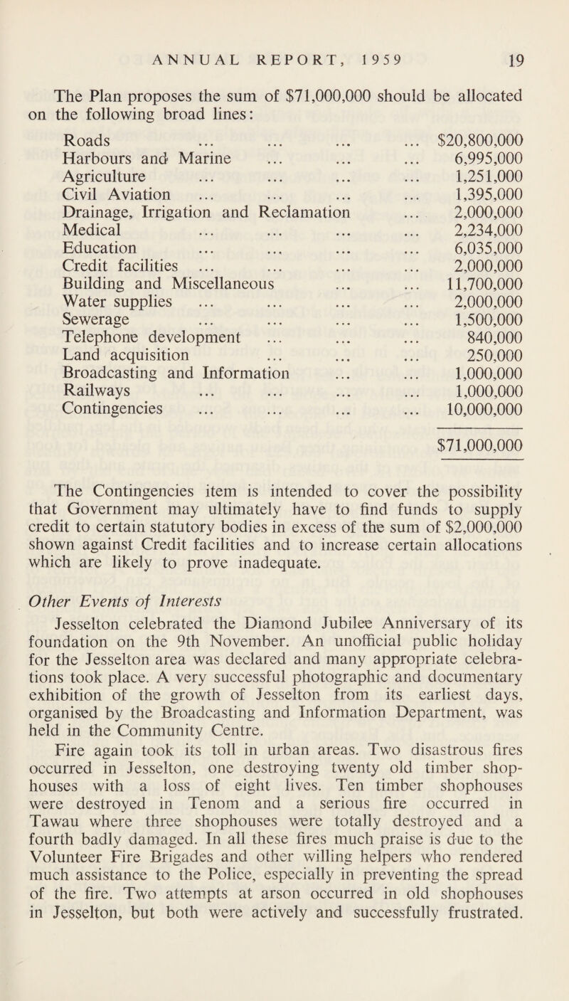 The Plan proposes the sum of $71,000,000 should be allocated on the following broad lines: Roads Harbours and Marine Agriculture Civil Aviation Drainage, Irrigation and Reclamation Medical Education Credit facilities Building and Miscellaneous Water supplies Sewerage Telephone development Land acquisition Broadcasting and Information Railways Contingencies $20,800,000 6,995,000 1,251,000 1,395,000 2,000,000 2,234,000 6,035,000 2,000,000 11,700,000 2,000,000 1,500,000 840,000 250,000 1,000,000 1,000,000 10,000,000 $71,000,000 The Contingencies item is intended to cover the possibility that Government may ultimately have to find funds to supply credit to certain statutory bodies in excess of the sum of $2,000,000 shown against Credit facilities and to increase certain allocations which are likely to prove inadequate. Other Events of Interests Jesselton celebrated the Diamond Jubilee Anniversary of its foundation on the 9th November. An unofficial public holiday for the Jesselton area was declared and many appropriate celebra¬ tions took place. A very successful photographic and documentary exhibition of the growth of Jesselton from its earliest days, organised by the Broadcasting and Information Department, was held in the Community Centre. Fire again took its toll in urban areas. Two disastrous fires occurred in Jesselton, one destroying twenty old timber shop- houses with a loss of eight lives. Ten timber shophouses were destroyed in Tenom and a serious fire occurred in Tawau where three shophouses were totally destroyed and a fourth badly damaged. In all these fires much praise is due to the Volunteer Fire Brigades and other willing helpers who rendered much assistance to the Police, especially in preventing the spread of the fire. Two attempts at arson occurred in old shophouses in Jesselton, but both were actively and successfully frustrated.
