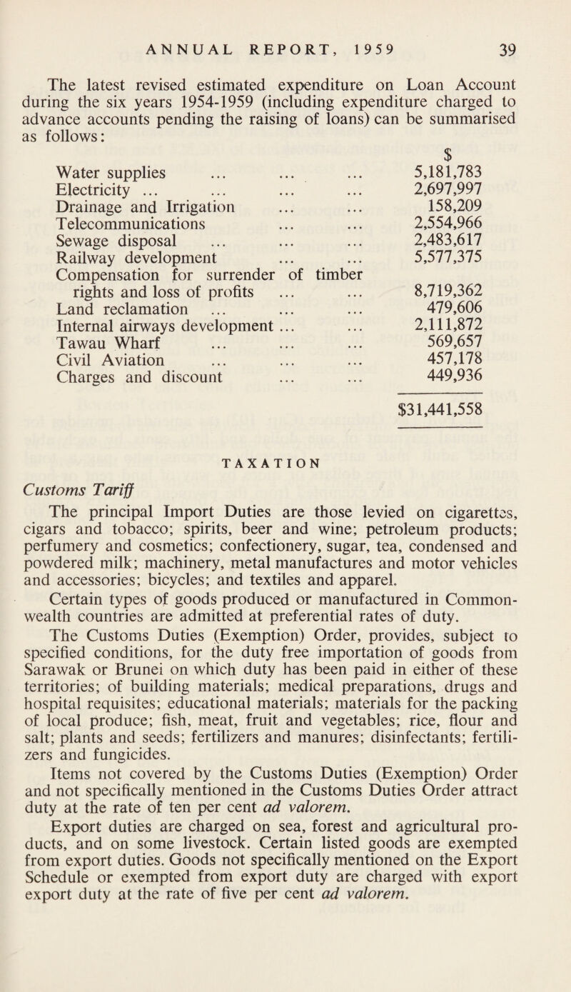 The latest revised estimated expenditure on Loan Account during the six years 1954-1959 (including expenditure charged to advance accounts pending the raising of loans) can be summarised as follows: $ Water supplies 5,181,783 Electricity ... 2,697,997 Drainage and Irrigation 158,209 T elecommunications 2,554,966 Sewage disposal 2,483,617 Railway development Compensation for surrender of timber 5,577,375 rights and loss of profits 8,719,362 Land reclamation 479,606 Internal airways development ... 2,111,872 Tawau Wharf 569,657 Civil Aviation 457,178 Charges and discount 449,936 $31,441,558 TAXATION Customs Tariff The principal Import Duties are those levied on cigarettes, cigars and tobacco; spirits, beer and wine; petroleum products; perfumery and cosmetics; confectionery, sugar, tea, condensed and powdered milk; machinery, metal manufactures and motor vehicles and accessories; bicycles; and textiles and apparel Certain types of goods produced or manufactured in Common¬ wealth countries are admitted at preferential rates of duty. The Customs Duties (Exemption) Order, provides, subject to specified conditions, for the duty free importation of goods from Sarawak or Brunei on which duty has been paid in either of these territories; of building materials; medical preparations, drugs and hospital requisites; educational materials; materials for the packing of local produce; fish, meat, fruit and vegetables; rice, flour and salt; plants and seeds; fertilizers and manures; disinfectants; fertili¬ zers and fungicides. Items not covered by the Customs Duties (Exemption) Order and not specifically mentioned in the Customs Duties Order attract duty at the rate of ten per cent ad valorem. Export duties are charged on sea, forest and agricultural pro¬ ducts, and on some livestock. Certain listed goods are exempted from export duties. Goods not specifically mentioned on the Export Schedule or exempted from export duty are charged with export export duty at the rate of five per cent ad valorem.