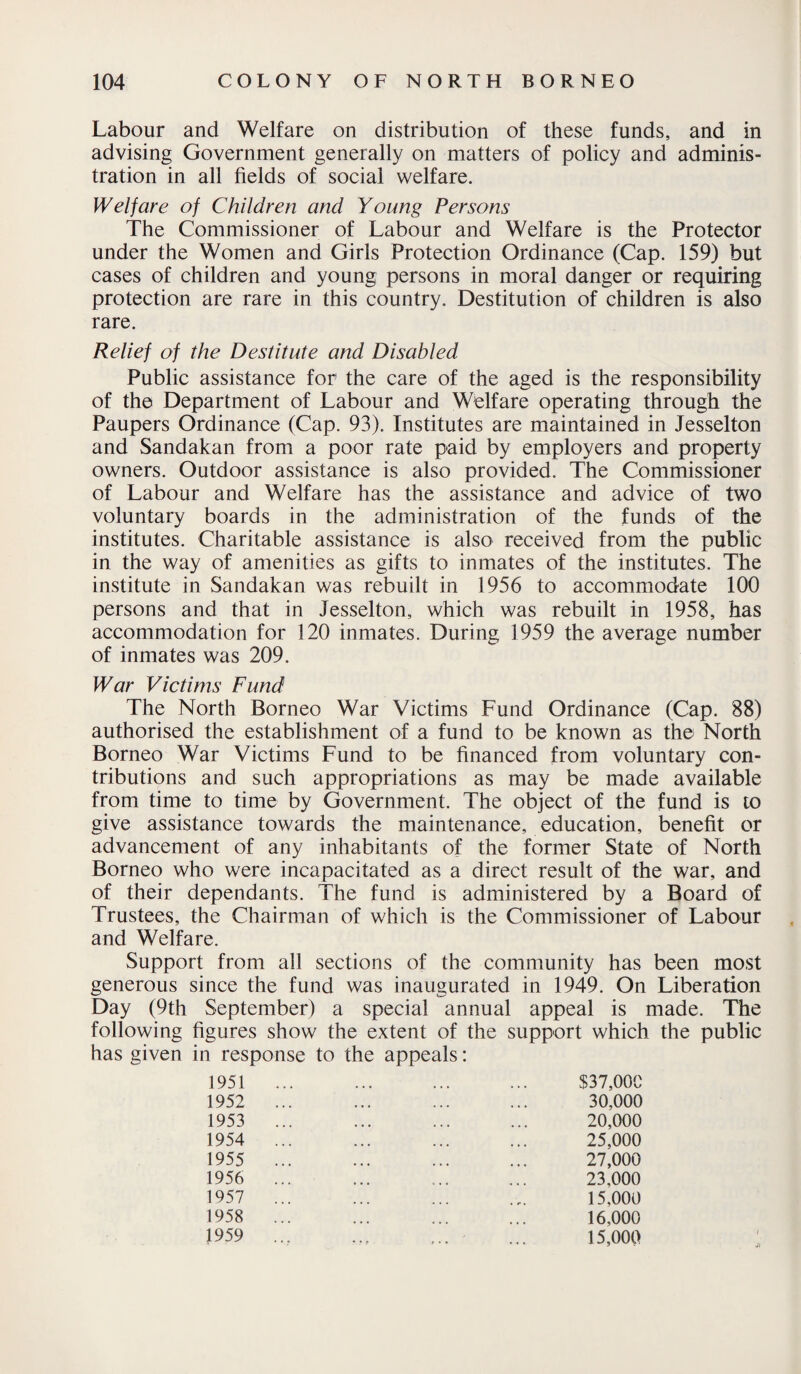 Labour and Welfare on distribution of these funds, and in advising Government generally on matters of policy and adminis¬ tration in all fields of social welfare. Welfare of Children and Young Persons The Commissioner of Labour and Welfare is the Protector under the Women and Girls Protection Ordinance (Cap. 159) but cases of children and young persons in moral danger or requiring protection are rare in this country. Destitution of children is also rare. Relief of the Destitute and Disabled Public assistance for the care of the aged is the responsibility of the Department of Labour and Welfare operating through the Paupers Ordinance (Cap. 93). Institutes are maintained in Jesselton and Sandakan from a poor rate paid by employers and property owners. Outdoor assistance is also provided. The Commissioner of Labour and Welfare has the assistance and advice of two voluntary boards in the administration of the funds of the institutes. Charitable assistance is also received from the public in the way of amenities as gifts to inmates of the institutes. The institute in Sandakan was rebuilt in 1956 to accommodate 100 persons and that in Jesselton, which was rebuilt in 1958, has accommodation for 120 inmates. During 1959 the average number of inmates was 209. War Victims Fund The North Borneo War Victims Fund Ordinance (Cap. 88) authorised the establishment of a fund to be known as the North Borneo War Victims Fund to be financed from voluntary con¬ tributions and such appropriations as may be made available from time to time by Government. The object of the fund is to give assistance towards the maintenance, education, benefit or advancement of any inhabitants of the former State of North Borneo who were incapacitated as a direct result of the war, and of their dependants. The fund is administered by a Board of Trustees, the Chairman of which is the Commissioner of Labour and Welfare. Support from all sections of the community has been most generous since the fund was inaugurated in 1949. On Liberation Day (9th September) a special annual appeal is made. The following figures show the extent of the support which the public has given in response to the appeals: 1951 1952 1953 1954 1955 1956 1957 1958 1959 $37,000 30,000 20,000 25,000 27,000 23,000 15.000 16,000 15,000